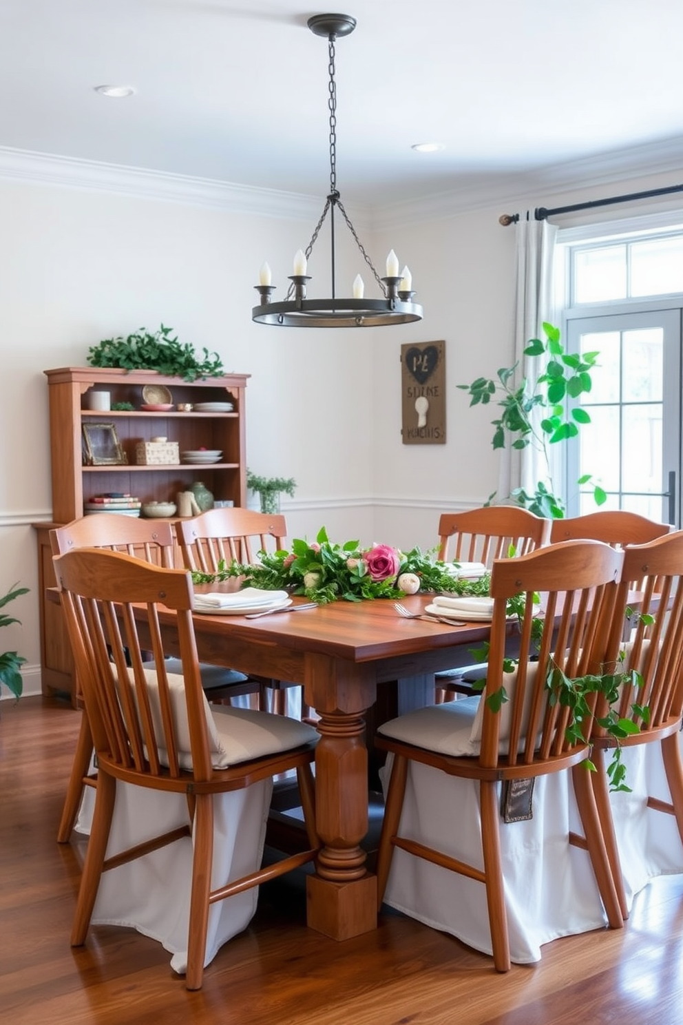 A charming farmhouse dining room featuring wooden dining chairs with soft cushions. The table is a rustic wooden piece surrounded by greenery and warm lighting.