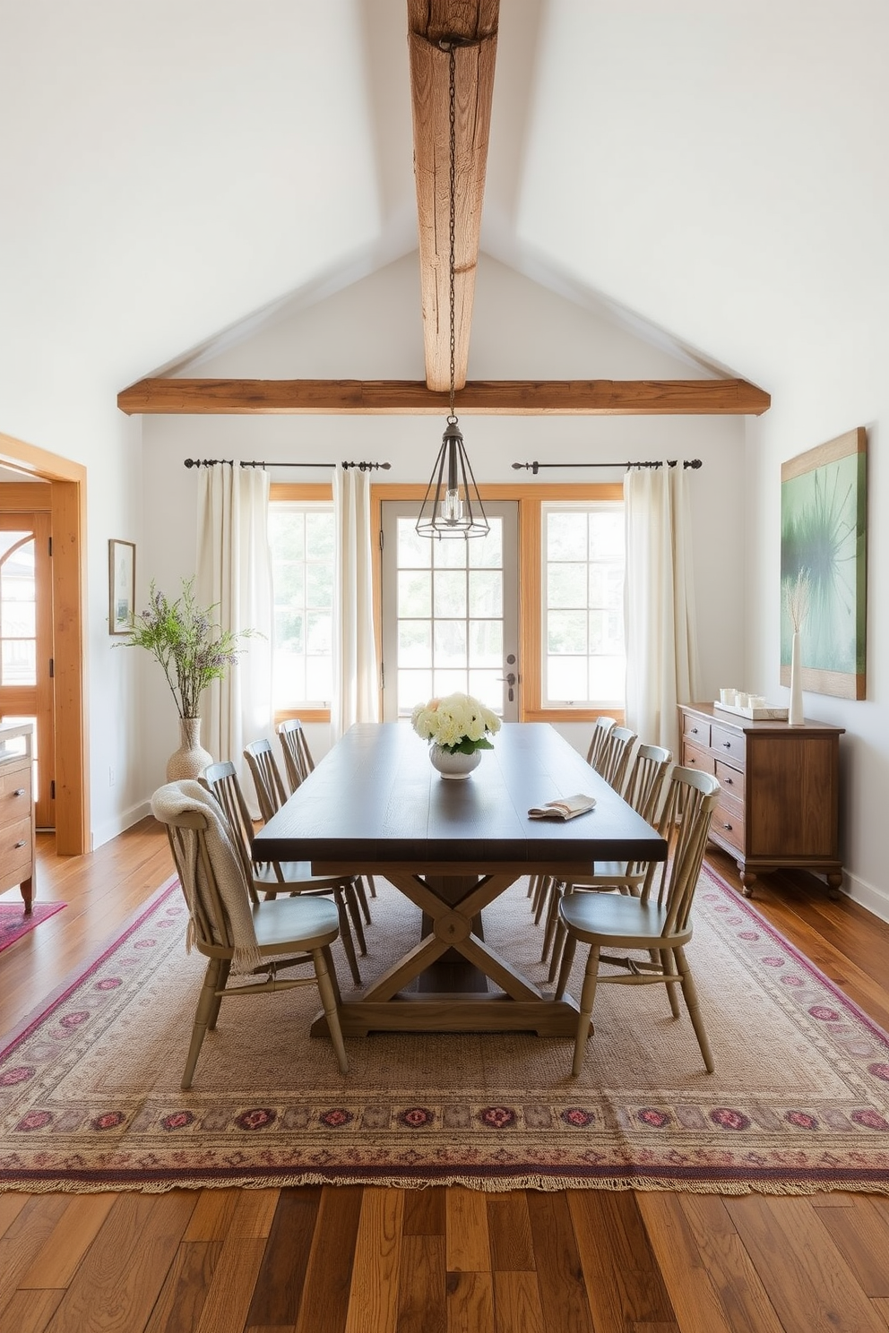 A cozy farmhouse dining room features layered rugs that add warmth and texture to the space. A large wooden dining table sits at the center, surrounded by mismatched chairs in soft, neutral tones. Natural light floods the room through large windows adorned with simple linen curtains. The walls are painted in a soft white, complemented by rustic wooden beams that enhance the farmhouse charm.