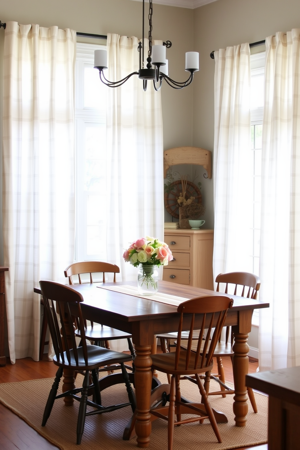 A cozy farmhouse style dining room features soft linen curtains that gently filter natural light. The curtains are adorned with subtle checkered patterns, complementing the rustic wooden dining table surrounded by mismatched chairs. The room is decorated with vintage accents and a centerpiece of fresh flowers in a mason jar. Warm earth tones dominate the color palette, creating an inviting atmosphere perfect for family gatherings.