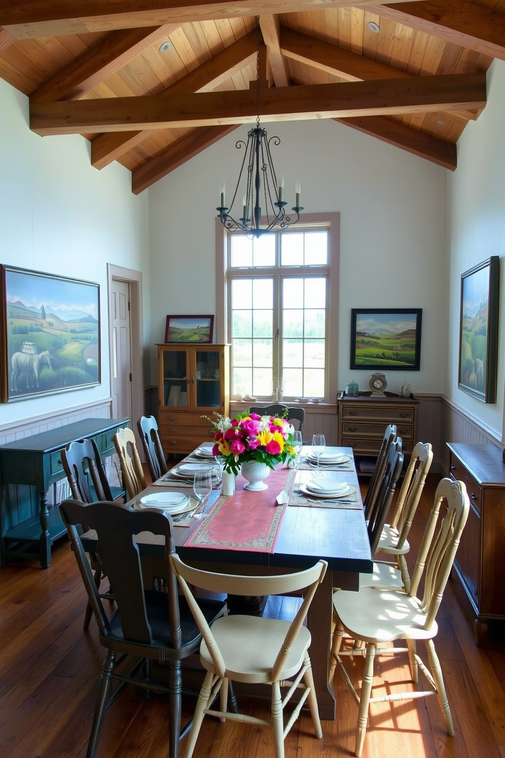 A charming farmhouse dining room featuring a rustic wooden table surrounded by mismatched chairs in soft pastel colors. The table is set with colorful placemats that add a cheerful touch, complemented by a bouquet of wildflowers in a mason jar as the centerpiece.