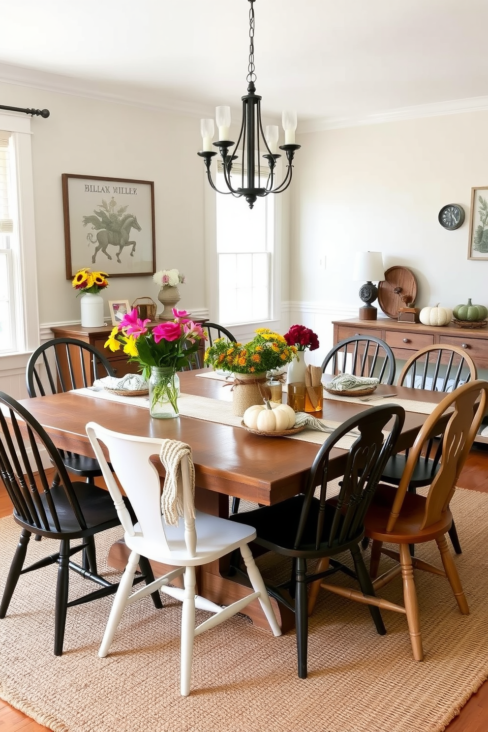 A charming farmhouse dining room adorned with seasonal decor changes that bring variety throughout the year. In spring, fresh flowers in mason jars decorate the rustic wooden table, while in autumn, vibrant pumpkins and warm-toned table linens create a cozy atmosphere. The room features a large farmhouse table surrounded by mismatched chairs, each with its own character. Soft, neutral colors dominate the walls, complemented by vintage wall art and a woven rug underfoot to enhance the inviting ambiance.