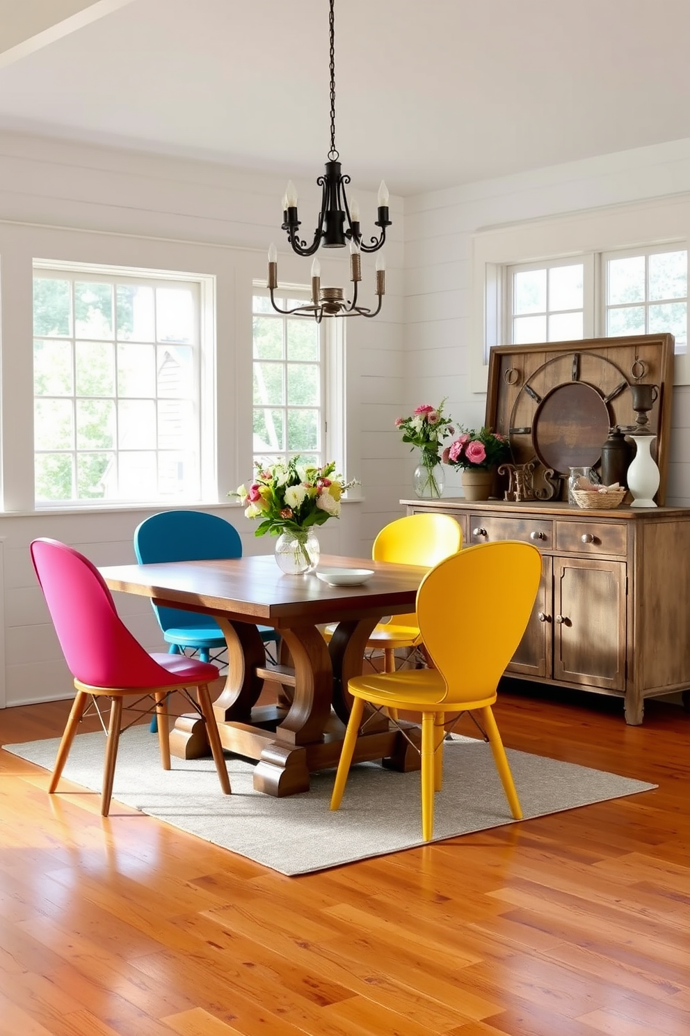 Colorful accent chairs are arranged around a rustic wooden dining table in a charming farmhouse setting. The walls are painted in soft white, and large windows allow natural light to flood the room, highlighting the vibrant hues of the chairs. A vintage sideboard complements the decor, adorned with fresh flowers and rustic decor pieces. The warm wooden floor adds to the inviting atmosphere, creating a cozy space for family gatherings.