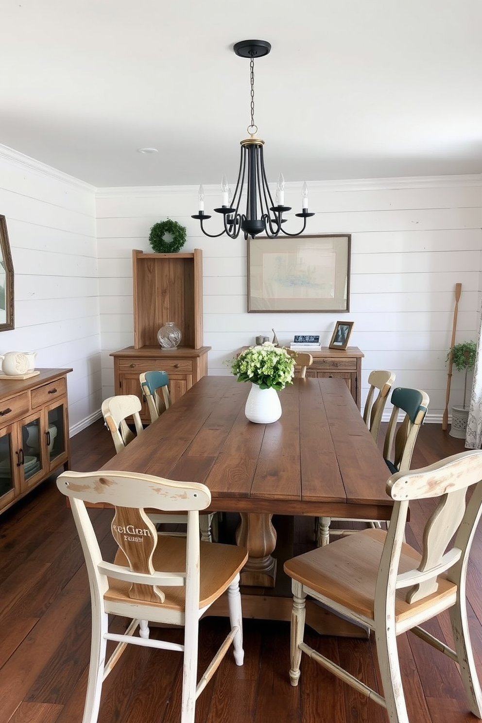 A cozy farmhouse dining room featuring reclaimed wood accents throughout the space. A large rustic wooden dining table is surrounded by mismatched chairs that add charm and character. The walls are adorned with shiplap in a soft white hue, creating a warm and inviting atmosphere. A vintage chandelier hangs above the table, casting a warm glow over the room.