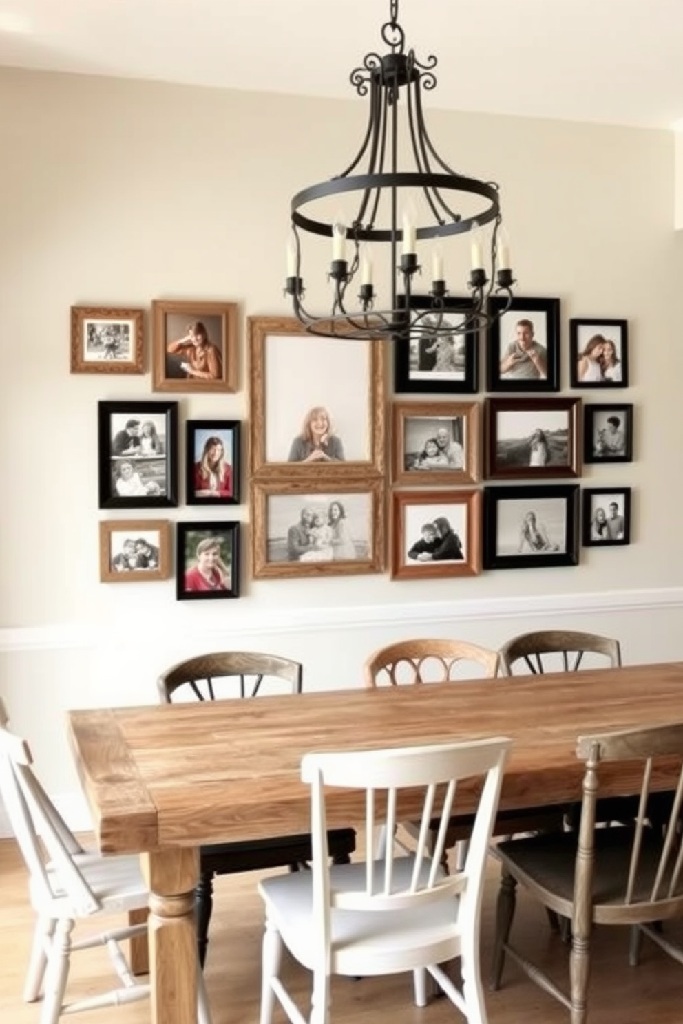 A personalized family photo wall gallery features a collection of framed photographs showcasing cherished memories. The wall is adorned with a mix of rustic wood frames and modern black frames, creating an inviting and warm atmosphere. The farmhouse dining room design incorporates a large wooden table with a weathered finish surrounded by mismatched chairs. Soft, neutral tones dominate the color palette, complemented by a statement chandelier made of wrought iron hanging above the table.