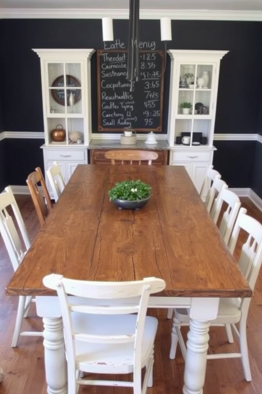 A charming farmhouse dining room features a large wooden table with a distressed finish surrounded by mismatched chairs for a cozy, inviting atmosphere. A chalkboard wall serves as a functional design element, perfect for displaying menus or notes, enhancing the rustic charm of the space.