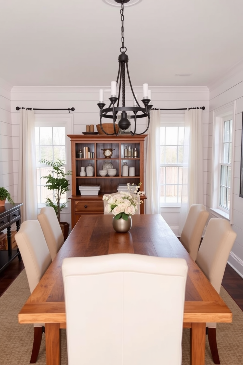 A cozy farmhouse dining room featuring a neutral color palette complemented by warm accents. The wooden dining table, surrounded by upholstered chairs in soft beige, is set against a backdrop of shiplap walls painted in a light cream shade. A rustic chandelier hangs above the table, providing a warm glow to the space. Large windows dressed with sheer curtains allow natural light to flood in, enhancing the inviting atmosphere.