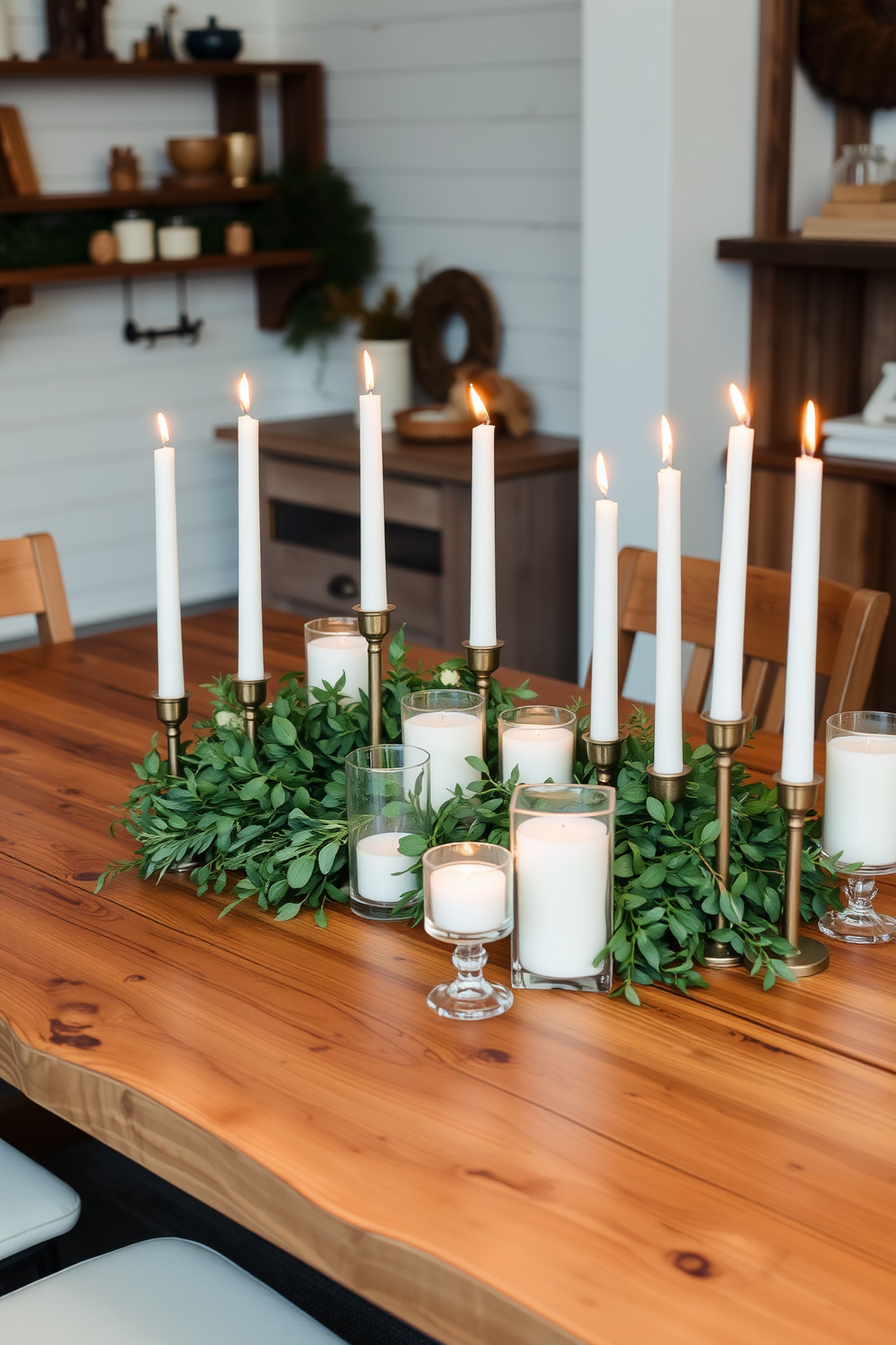 A cozy farmhouse dining room featuring natural wood finishes that exude timeless appeal. A large reclaimed wood dining table is surrounded by mismatched wooden chairs, creating a warm and inviting atmosphere. The walls are adorned with shiplap paneling painted in a soft white hue, enhancing the rustic charm. A vintage chandelier hangs above the table, illuminating the space with a warm glow, while a woven rug anchors the room beneath.