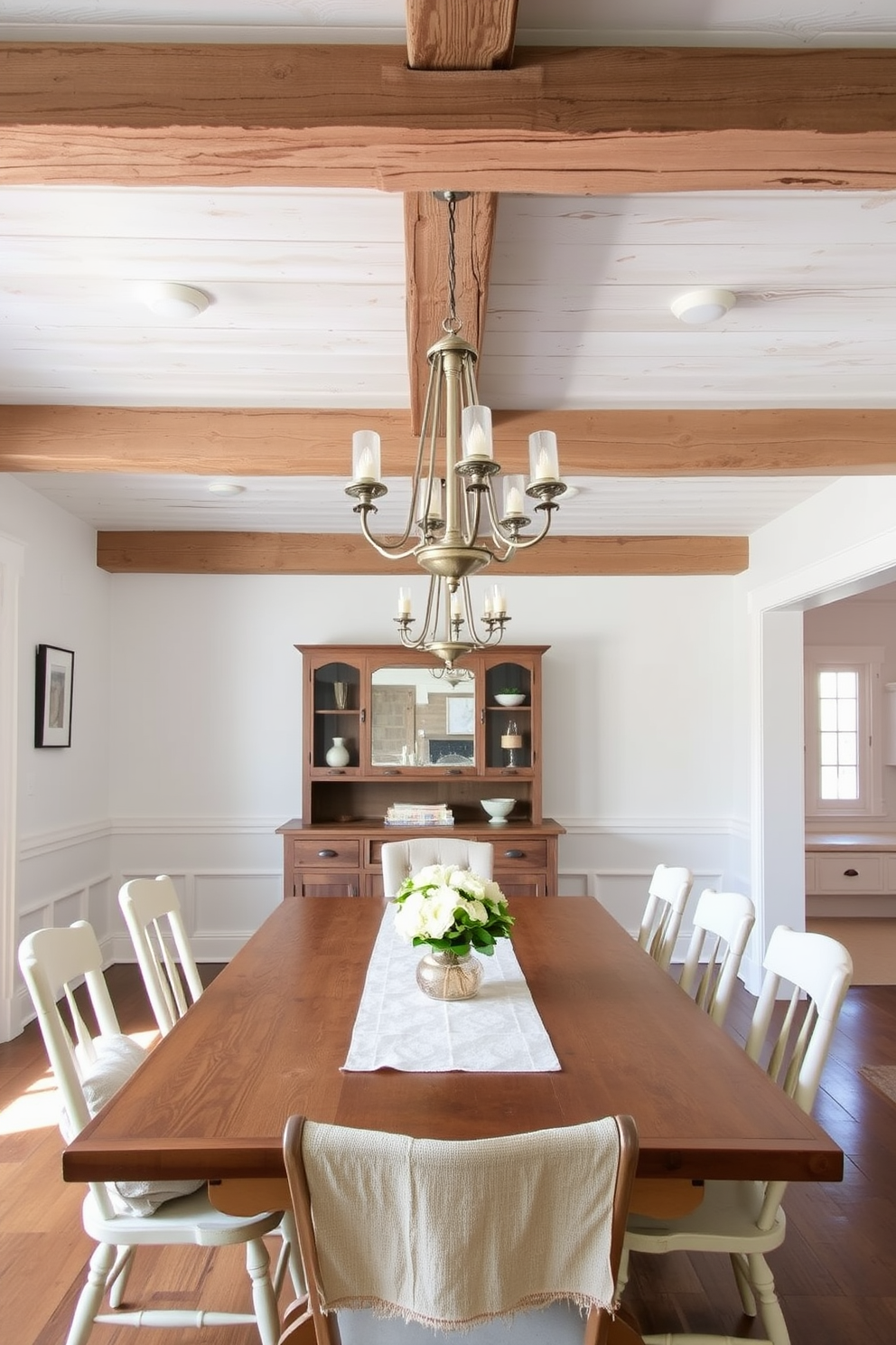 A charming farmhouse dining room features rustic wooden beams across the ceiling, with elegant light fixtures hanging gracefully above the table. The table is adorned with a simple linen table runner and surrounded by mismatched chairs that add a cozy, inviting touch.