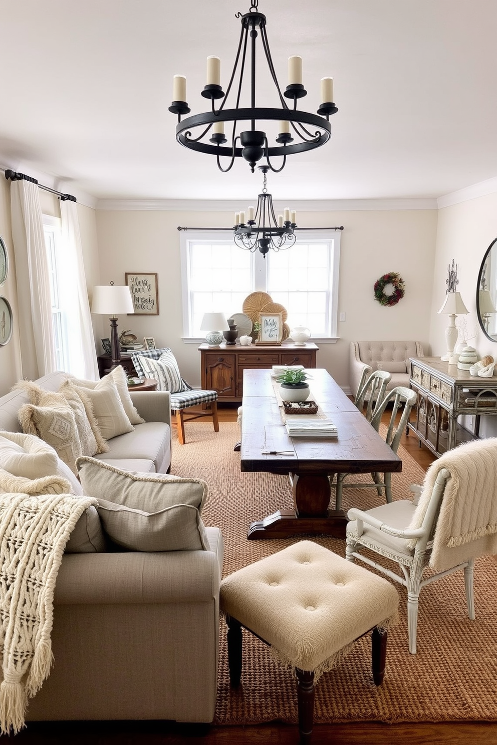 A cozy seating area featuring layered textiles with plush cushions and throws in soft neutral tones. The seating arrangement includes a comfortable sofa and a pair of accent chairs, all surrounded by a warm area rug that adds texture to the space. A farmhouse dining room design with a large reclaimed wood table surrounded by mismatched chairs. The room is adorned with vintage decor elements, including a rustic chandelier and a sideboard displaying charming dishware.