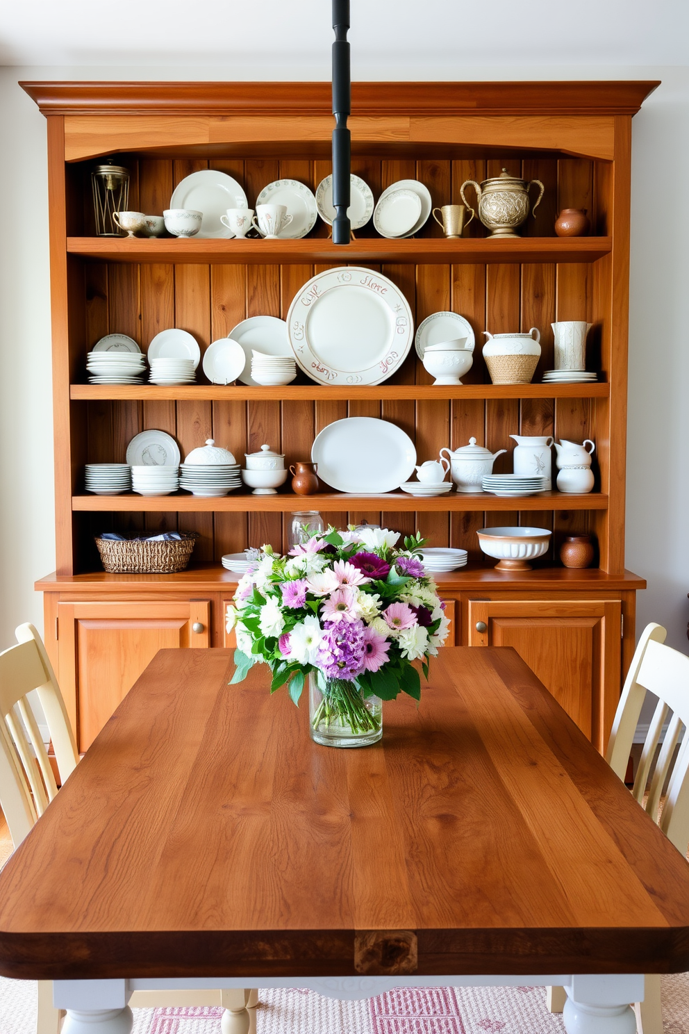 A charming farmhouse dining room features open shelving that showcases a curated collection of decorative dishes and rustic kitchenware. The warm wood tones of the shelves complement the farmhouse table, which is adorned with a simple centerpiece of fresh flowers.