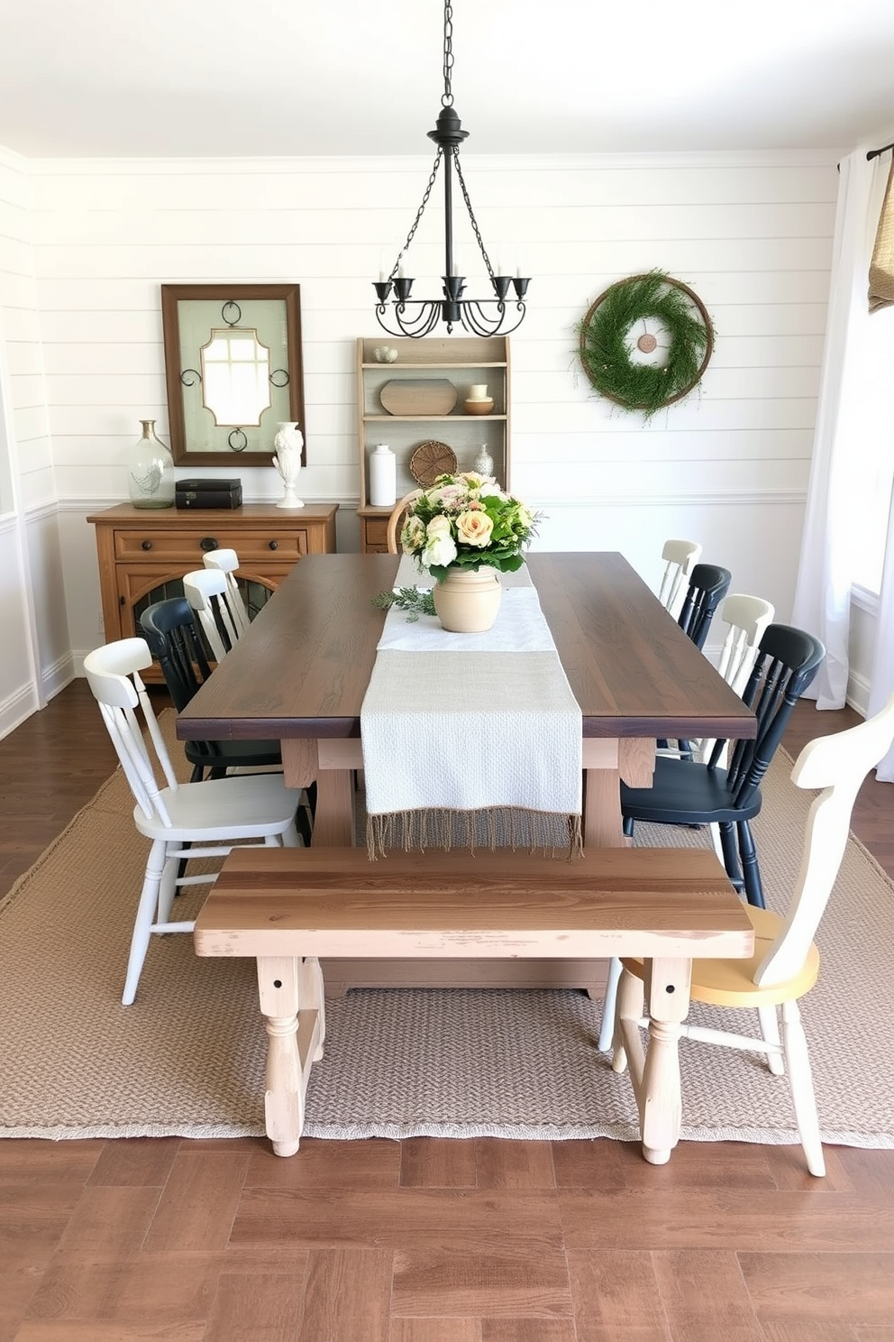 A reclaimed wood accent wall creates a warm and inviting atmosphere in the dining room. The space features a rustic farmhouse table surrounded by mismatched chairs, complemented by soft, ambient lighting from a vintage chandelier.