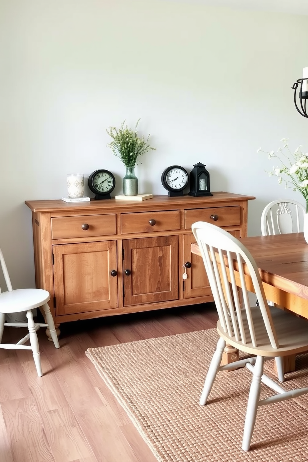 A weathered wood sideboard stands against the wall, providing ample storage for dining essentials. The sideboard features a rustic finish and is adorned with decorative items like a vintage clock and a vase of wildflowers. The dining room is designed in a cozy farmhouse style, with a large wooden table surrounded by mismatched chairs. Soft, neutral tones dominate the space, complemented by a woven rug that adds warmth and texture to the floor.