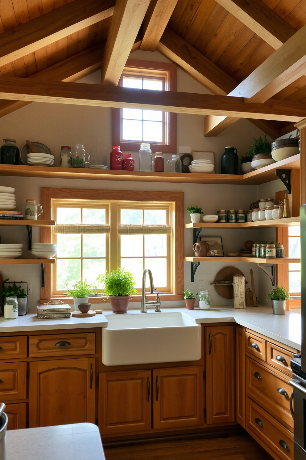 A rustic farmhouse kitchen featuring exposed wood beams on the ceiling creates a warm and inviting atmosphere. The kitchen island is topped with a butcher block surface and surrounded by vintage-style bar stools. Shaker-style cabinets in a soft white finish complement the natural wood elements throughout the space. A farmhouse sink with an antique-style faucet adds charm, while open shelving displays curated dishware and rustic decor.