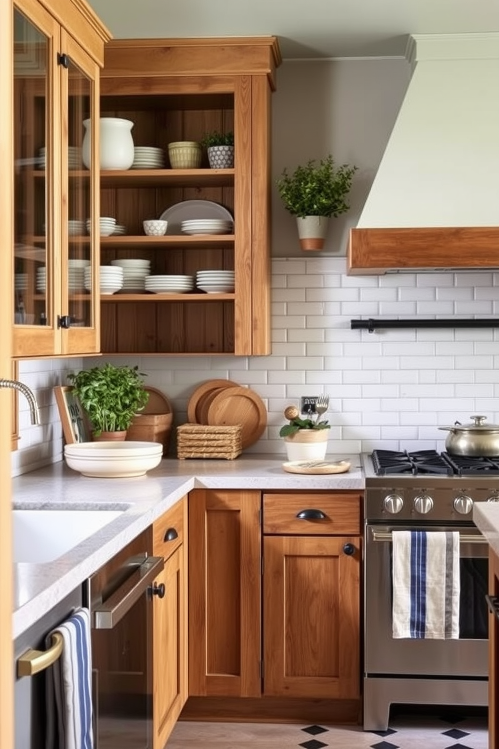 A cozy farmhouse kitchen featuring a neutral color palette complemented by warm wooden accents. The space includes a large farmhouse sink, open shelving with rustic decor, and a wooden dining table surrounded by mismatched chairs. The walls are painted in a soft beige, while the cabinets are a crisp white with brass hardware. A large window allows natural light to flood the room, highlighting the vintage-inspired light fixtures hanging above the island.