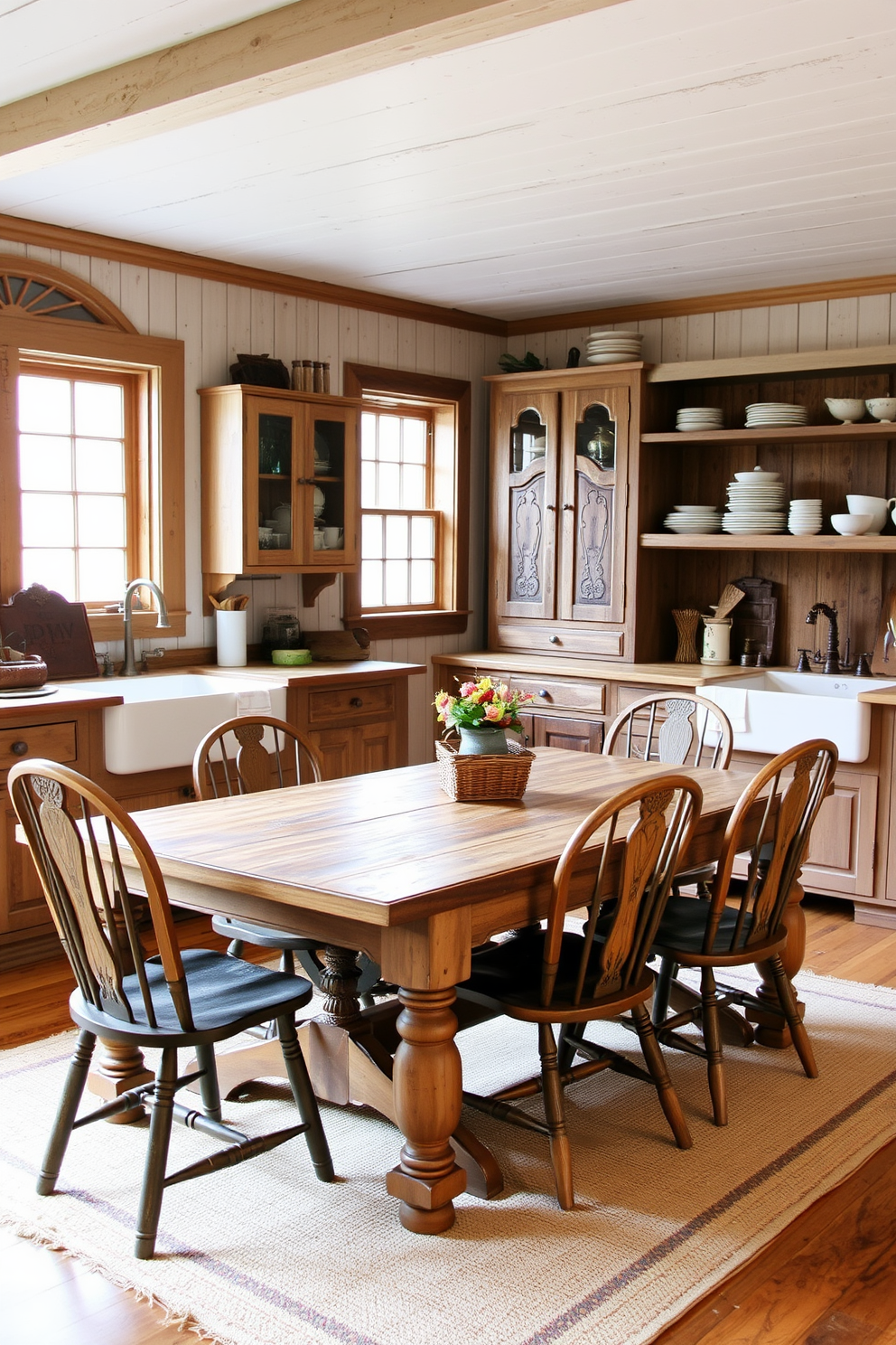 A charming farmhouse kitchen featuring antique wooden furniture with intricate carvings and a distressed finish. The space is filled with natural light from large windows, highlighting a rustic dining table surrounded by mismatched chairs. The kitchen includes open shelving displaying vintage dishware and a farmhouse sink with a classic faucet. Warm, neutral tones dominate the color palette, complemented by a cozy area rug beneath the table.