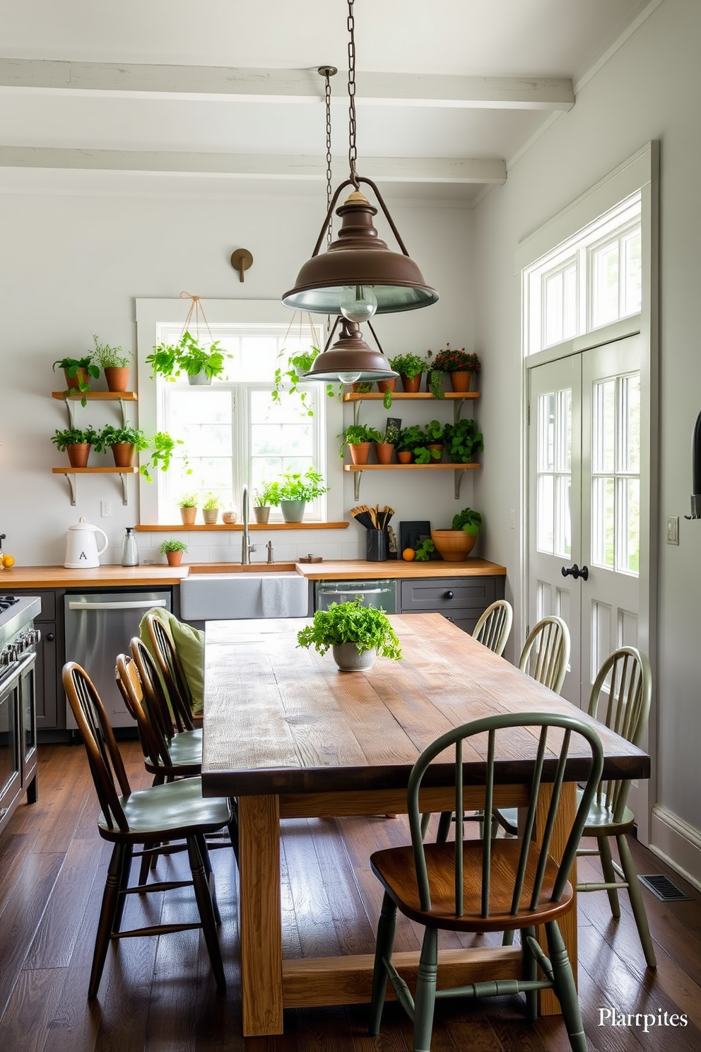 A charming farmhouse kitchen featuring reclaimed wood accents throughout the space. The kitchen island is crafted from distressed wood with a rustic finish, complemented by vintage-style bar stools. Open shelving made of reclaimed wood displays a collection of ceramic dishes and mason jars. The walls are painted in a soft white, enhancing the warmth of the wooden elements and creating an inviting atmosphere.