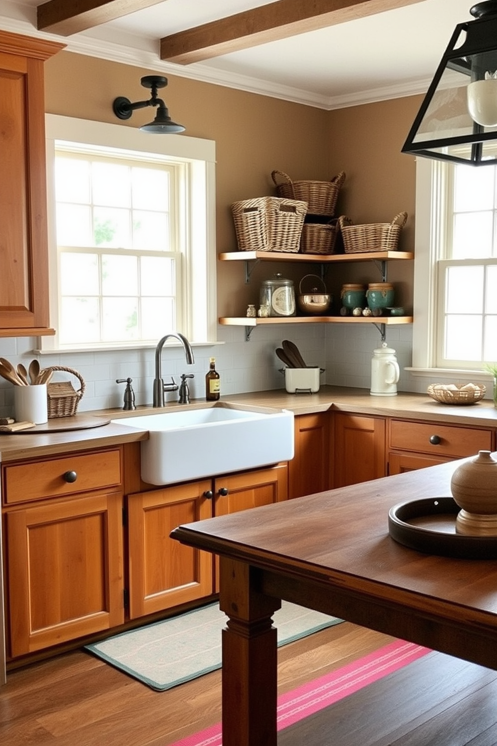 A charming farmhouse kitchen features woven baskets neatly arranged on open shelving, providing both style and practical storage solutions. The warm wood tones of the cabinets complement the rustic texture of the baskets, creating an inviting atmosphere. A large farmhouse sink is positioned beneath a window, allowing natural light to illuminate the space. Vintage-inspired fixtures and a farmhouse table complete the look, enhancing the kitchen's cozy and functional design.