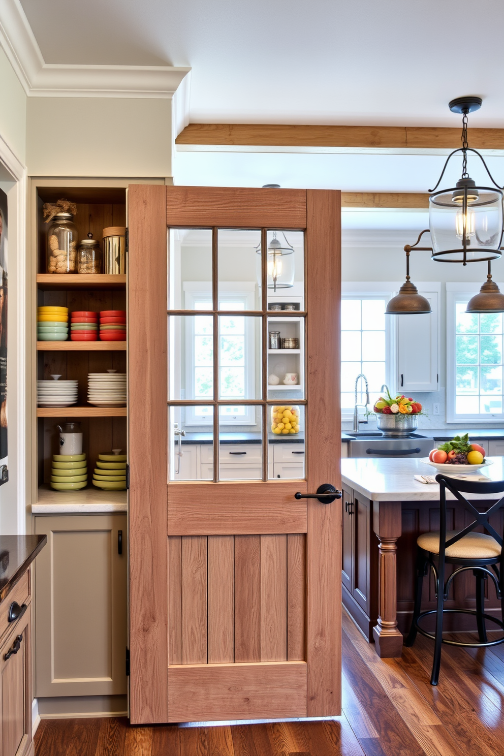 A charming farmhouse-style pantry door featuring reclaimed wood with a distressed finish and wrought iron hardware. The door has a large window panel that allows natural light to filter through, enhancing the rustic appeal of the kitchen. A warm and inviting farmhouse kitchen with open shelving displaying colorful dishware and mason jars. The kitchen features a large farmhouse sink, a central island with bar stools, and vintage-style pendant lighting that adds character to the space.