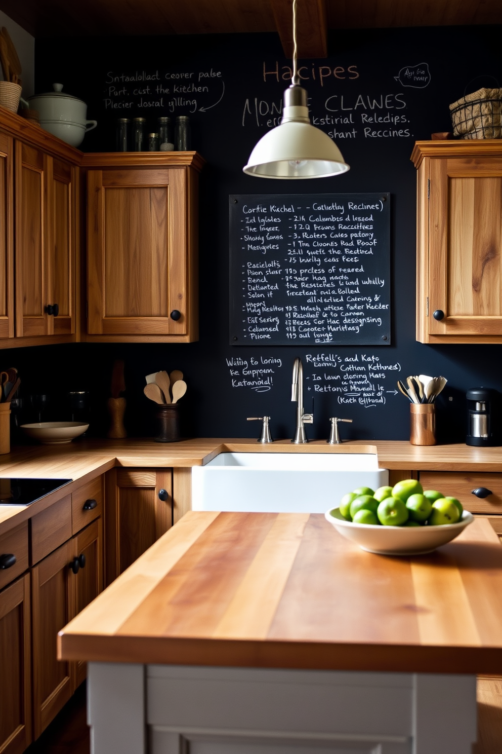 A cozy farmhouse kitchen featuring a chalkboard wall for notes and recipes. The space includes rustic wooden cabinets, a large farmhouse sink, and a central island topped with butcher block.