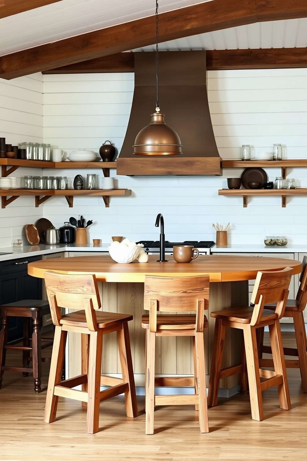 Rustic bar stools made of reclaimed wood with a natural finish are arranged around a large kitchen island. The island features a butcher block top and is surrounded by white shiplap walls, creating a warm and inviting farmhouse atmosphere. The kitchen showcases open shelving filled with vintage dishware and mason jars. Pendant lights with a bronze finish hang above the island, adding a cozy glow to the space.