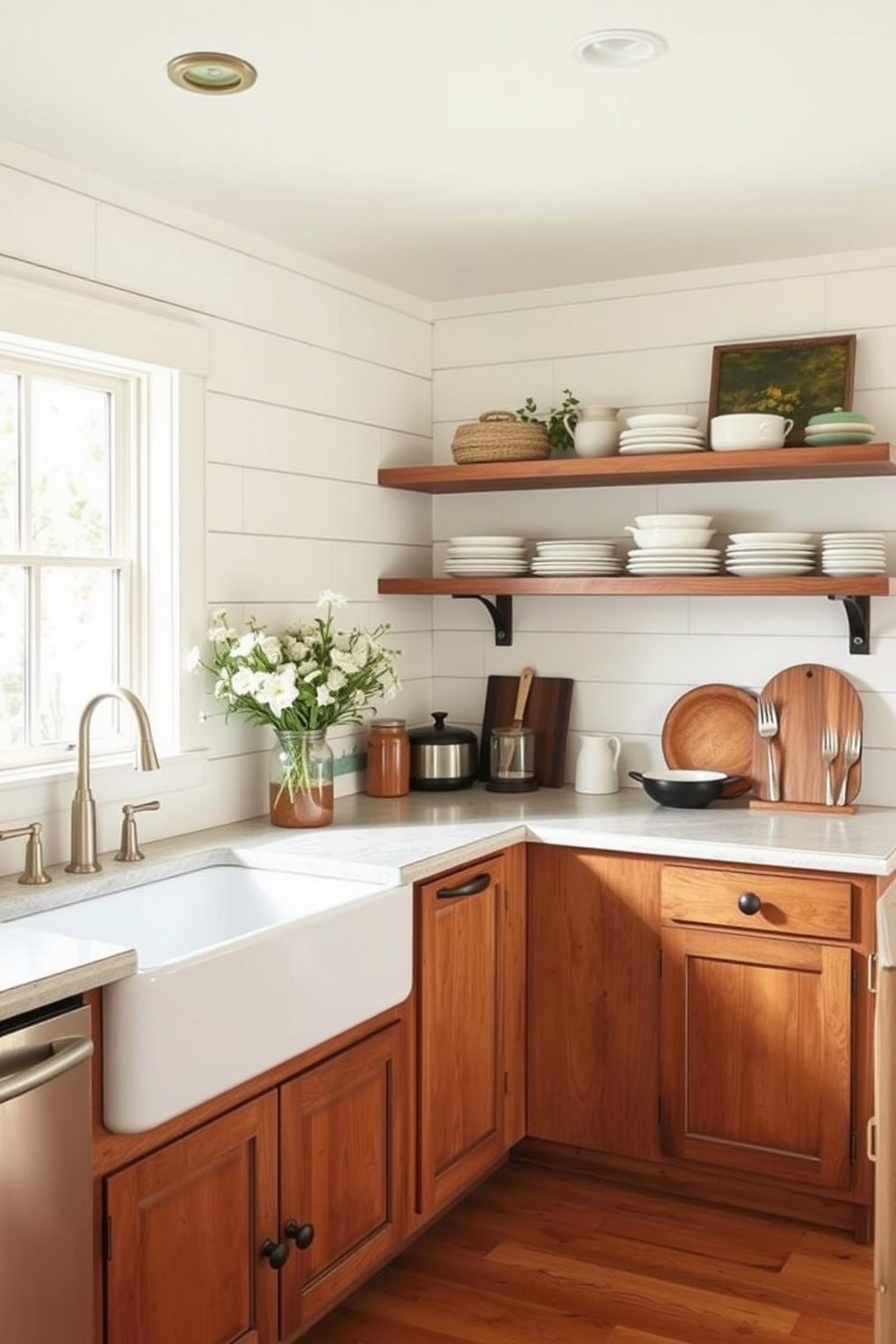 A warm farmhouse kitchen with shiplap walls painted in a soft white hue creating a cozy atmosphere. The kitchen features a large farmhouse sink, rustic wooden cabinets, and open shelving displaying vintage dishware.