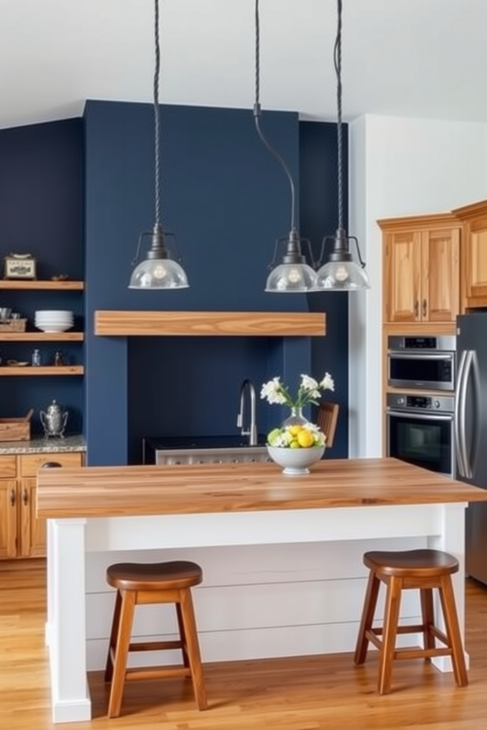 A bold accent wall painted in deep navy blue serves as the focal point of the farmhouse kitchen. The surrounding walls are a soft white, enhancing the warmth of the wooden cabinetry and rustic open shelving. The kitchen island features a reclaimed wood countertop that contrasts beautifully with the white shiplap base. Vintage-style pendant lights hang above, illuminating the space and adding a touch of charm.