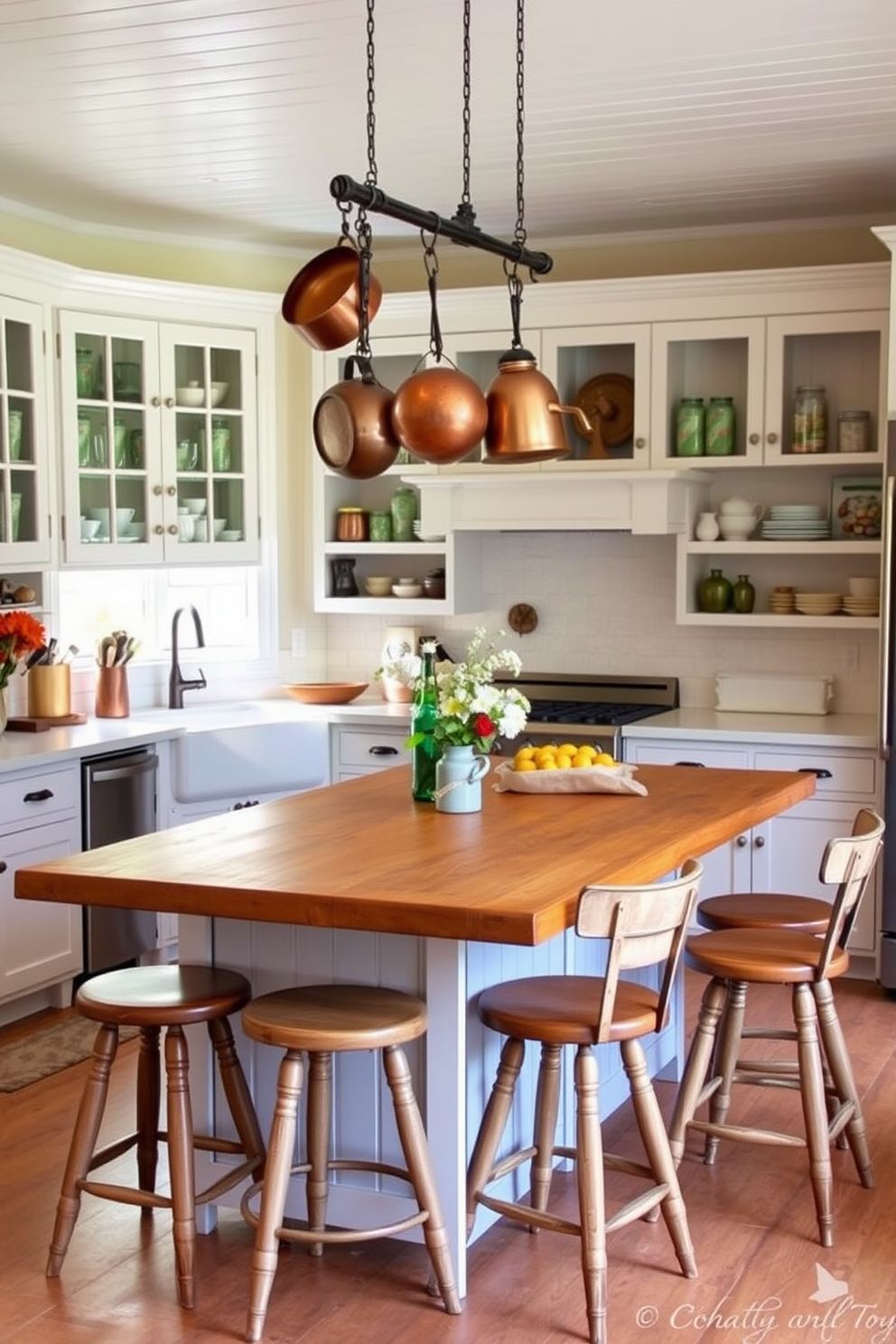 A cozy farmhouse kitchen filled with rustic charm. The focal point is a large wooden island topped with a butcher block surface, surrounded by vintage-style bar stools. Hanging above the island are several copper pots, adding a warm touch to the space. The cabinetry is painted in a soft white, complemented by open shelving displaying colorful dishware and mason jars.