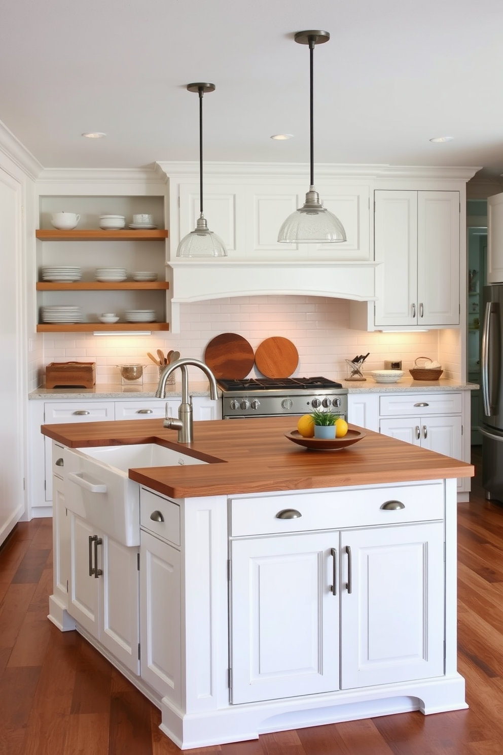 Classic white cabinetry for timeless appeal. The kitchen features a large farmhouse sink with a brushed nickel faucet, complemented by a spacious island topped with butcher block. Open shelving displays rustic dishware, while pendant lights hang above the island, adding warmth to the space. The walls are painted in soft gray, and the floor showcases wide plank hardwood for a cozy, inviting atmosphere.