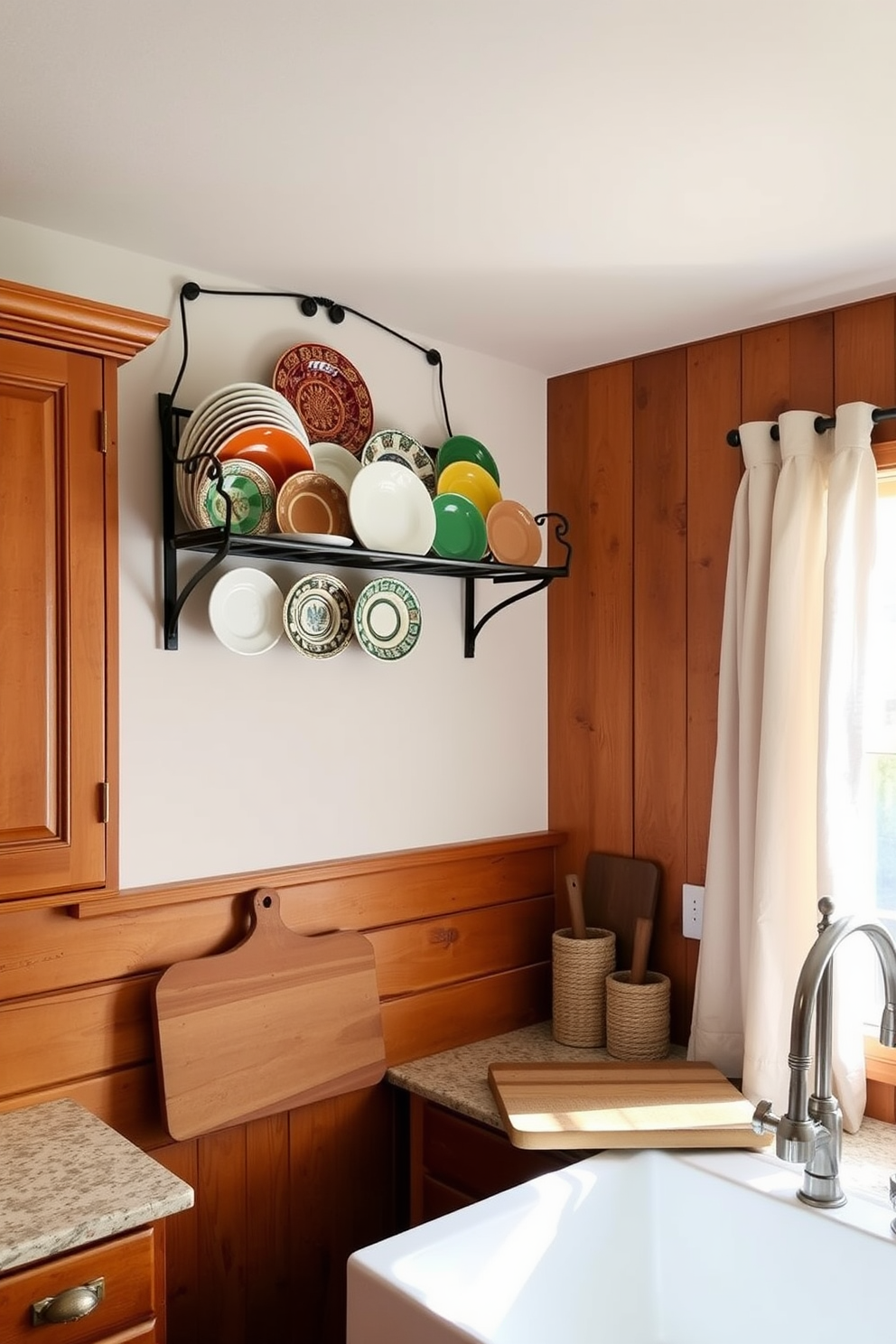 A charming farmhouse kitchen featuring a decorative plate rack mounted on the wall. The rack is filled with an assortment of colorful ceramic plates, adding a pop of color to the rustic wooden cabinetry. The kitchen has a large farmhouse sink with a brushed nickel faucet and a wooden cutting board beside it. Natural light streams in through a window adorned with simple linen curtains, illuminating the warm, inviting atmosphere.