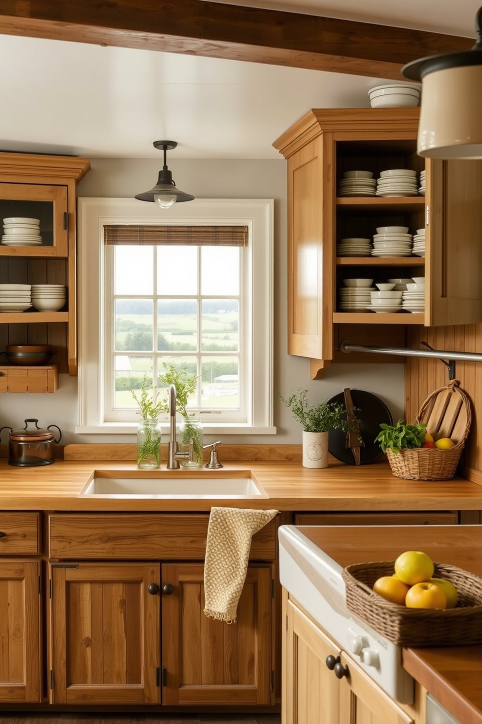 A charming farmhouse kitchen featuring rustic wooden cabinets with a distressed finish. The countertops are adorned with a warm butcher block surface, complemented by vintage-style ceramic dishware displayed on open shelving. A large farmhouse sink with an apron front is positioned beneath a window that offers a view of the countryside. Decorative elements include mason jars filled with fresh herbs and a woven basket holding seasonal fruits on the counter.