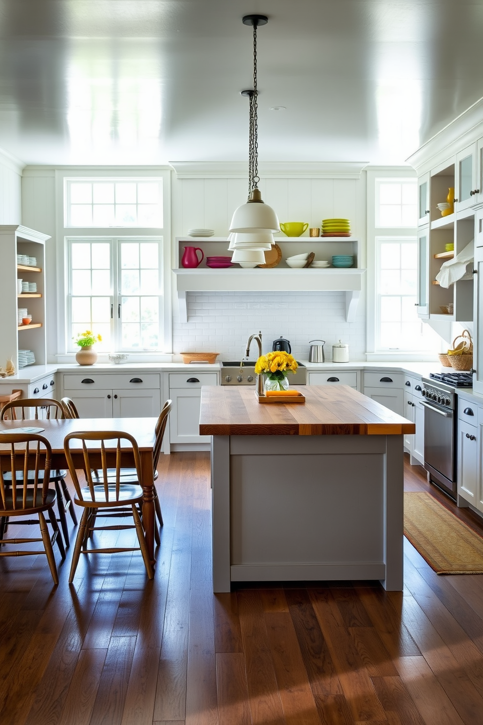 A bright and airy farmhouse kitchen filled with natural light streaming through large windows. The space features a rustic wooden dining table surrounded by mismatched chairs, complemented by open shelving displaying colorful dishware. The kitchen island boasts a farmhouse sink and is topped with a beautiful butcher block surface. Pendant lights hang above, adding warmth to the white cabinetry and vintage-inspired decor throughout the room.