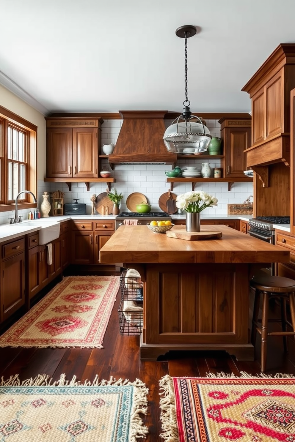 Textured rugs add warmth and comfort to a farmhouse kitchen. The kitchen features a large central island topped with butcher block, surrounded by rustic wooden cabinetry and open shelving displaying vintage dishware.