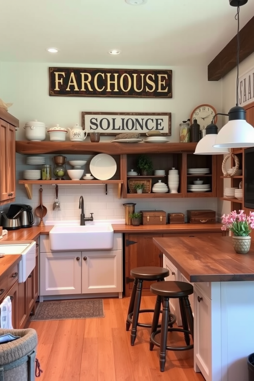 A cozy farmhouse kitchen with vintage signage that adds nostalgic flair. The space features a large farmhouse sink, rustic wooden cabinets, and open shelving displaying charming dishware. A central island with bar stools creates a welcoming gathering spot. Soft, warm lighting illuminates the room, enhancing the inviting atmosphere.