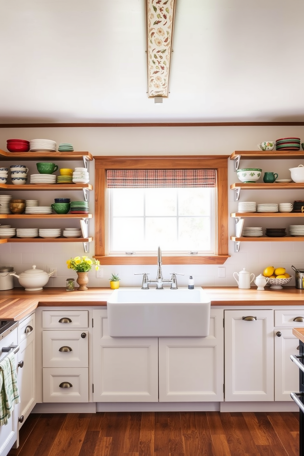 A farmhouse kitchen with colorful dishware displayed on open wooden shelves. The countertops are a rustic wood finish, and a large farmhouse sink is centered beneath a window, allowing natural light to flood the space.