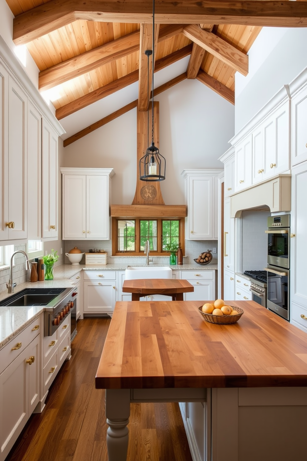 A farmhouse kitchen with integrated appliances that blend effortlessly into the cabinetry. The space features a large farmhouse sink, wooden beams across the ceiling, and a rustic dining table at the center. The cabinetry is painted in a soft white with brass hardware, creating a warm and inviting atmosphere. A large island with a butcher block top provides additional workspace and seating for casual meals.