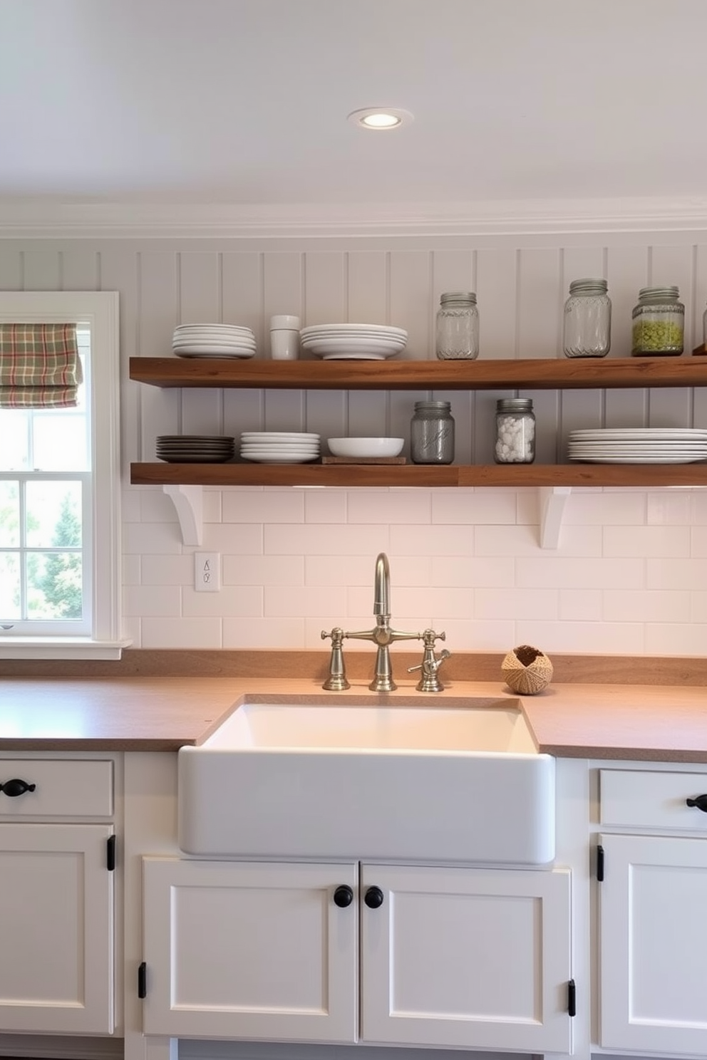 A charming farmhouse kitchen featuring a large farmhouse sink with a vintage faucet positioned centrally. The cabinetry is painted in a soft white, complemented by rustic wooden shelves displaying ceramic dishes and mason jars.