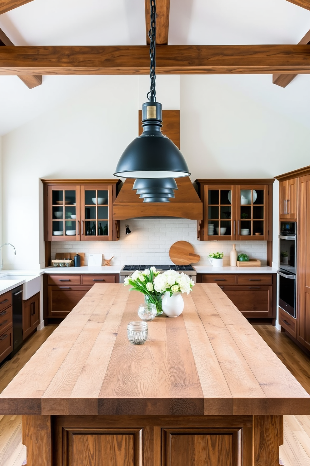 A charming farmhouse kitchen featuring a large central island with a rustic wooden surface. Above the island, stylish pendant lights hang down, illuminating the space with a warm glow.