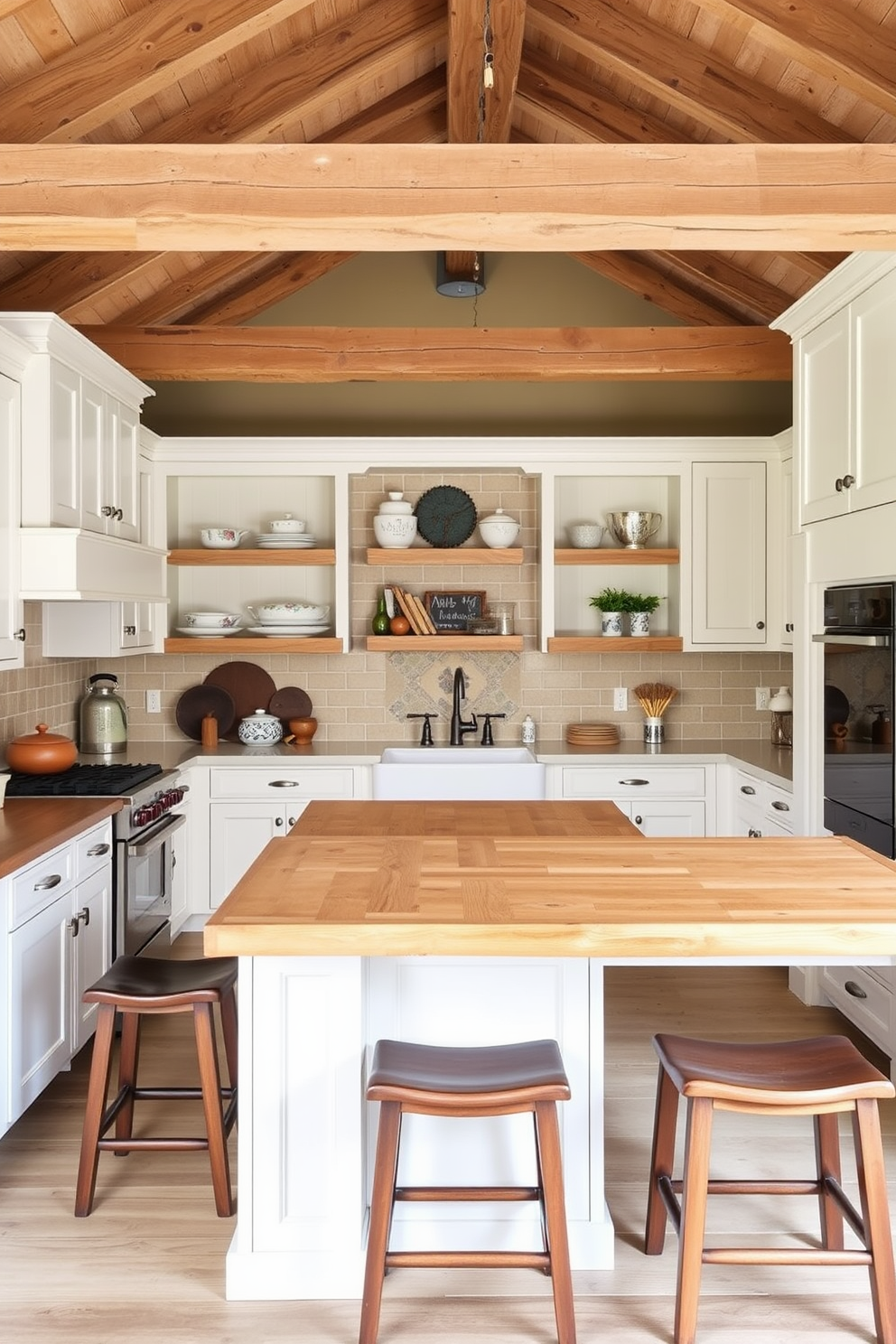 A warm and inviting farmhouse kitchen features open shelving that showcases rustic dishware and mason jars filled with ingredients. The wooden shelves are complemented by a farmhouse sink and a large wooden island that serves as a central gathering space.