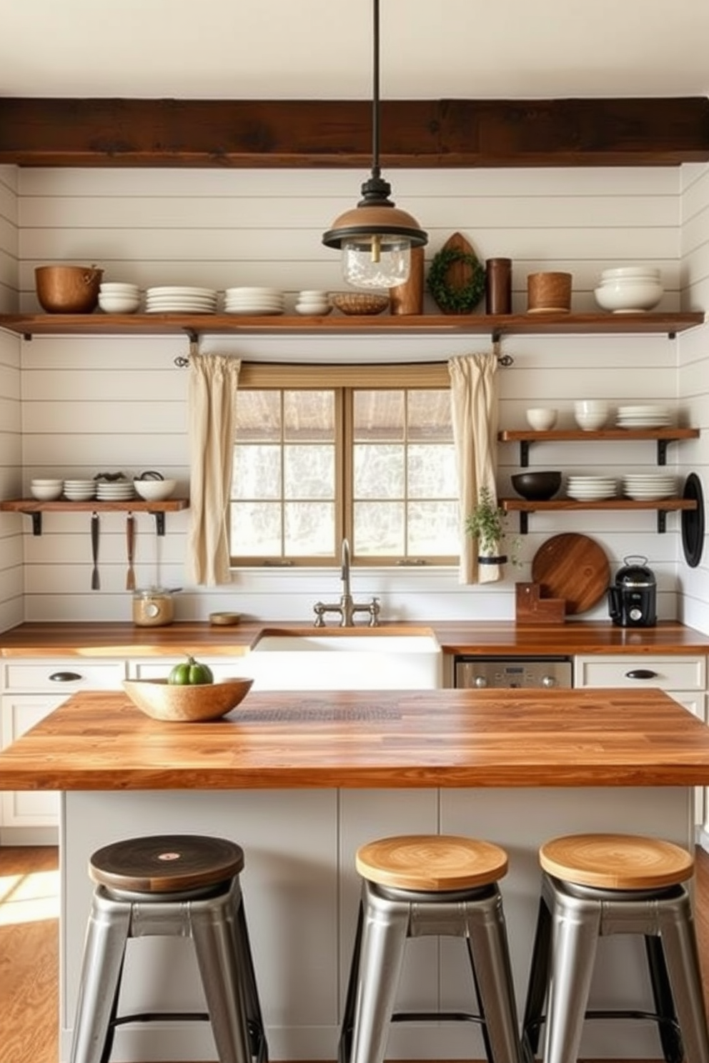 A vintage barn door serves as the entrance to a charming farmhouse pantry. The kitchen features rustic wooden cabinets, a farmhouse sink, and open shelving adorned with mason jars and potted herbs.