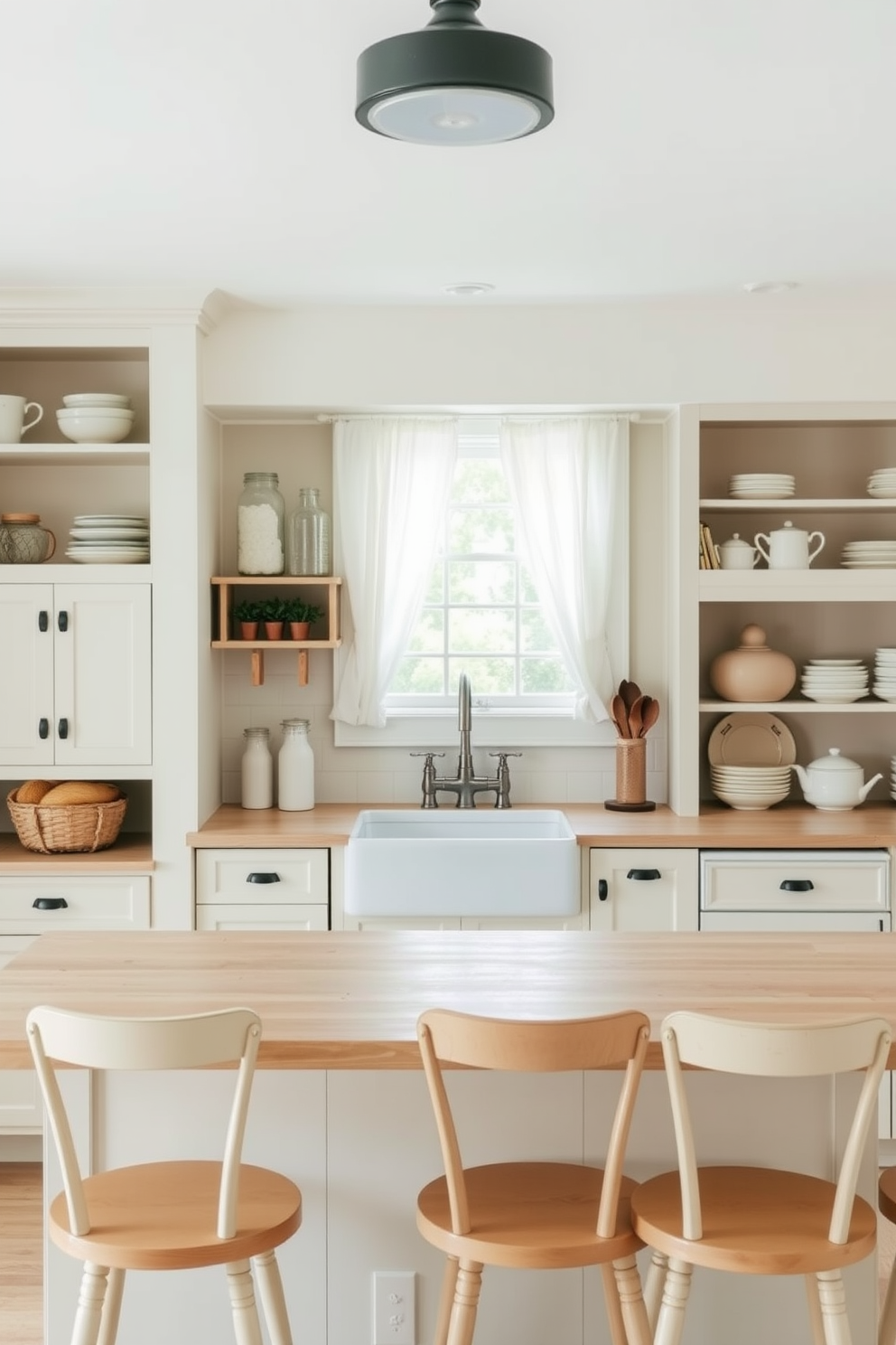 A charming farmhouse kitchen features white cabinets with a distressed finish, creating a warm and inviting atmosphere. The space is complemented by a large farmhouse sink and rustic wooden shelves adorned with vintage kitchenware.