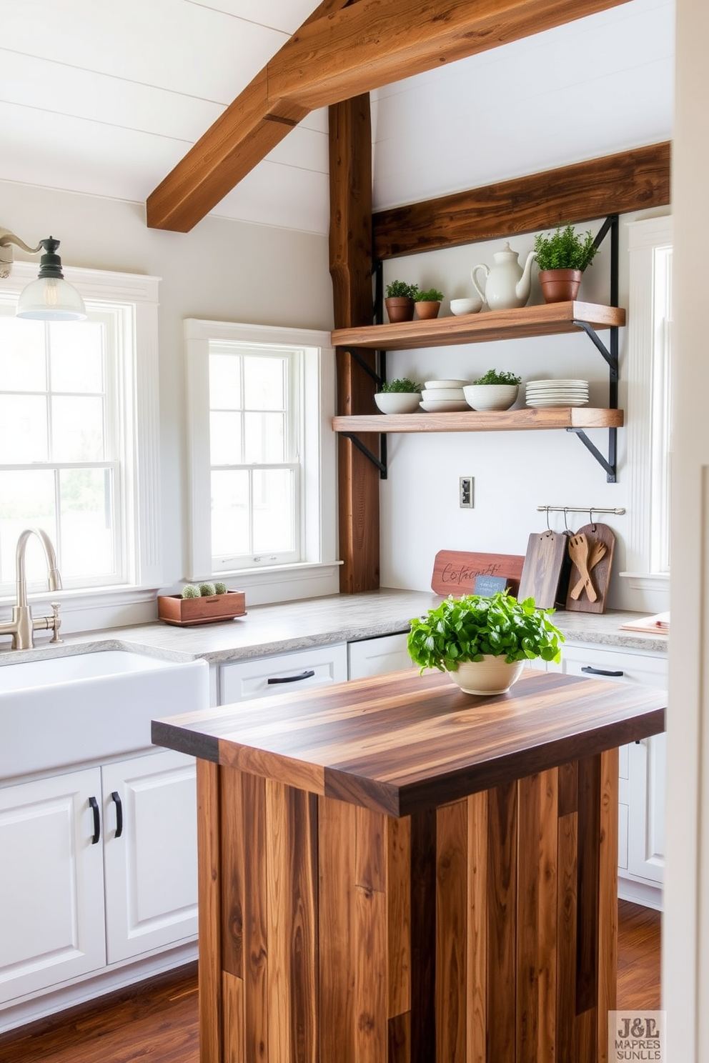 A large kitchen island with ample seating serves as the centerpiece of this farmhouse kitchen. The island features a rustic wooden surface complemented by white shiplap cabinetry, creating a warm and inviting atmosphere. Surrounding the island, farmhouse-style bar stools provide comfortable seating for family and friends. The kitchen is adorned with vintage accents, including open shelving displaying charming dishware and a classic farmhouse sink.