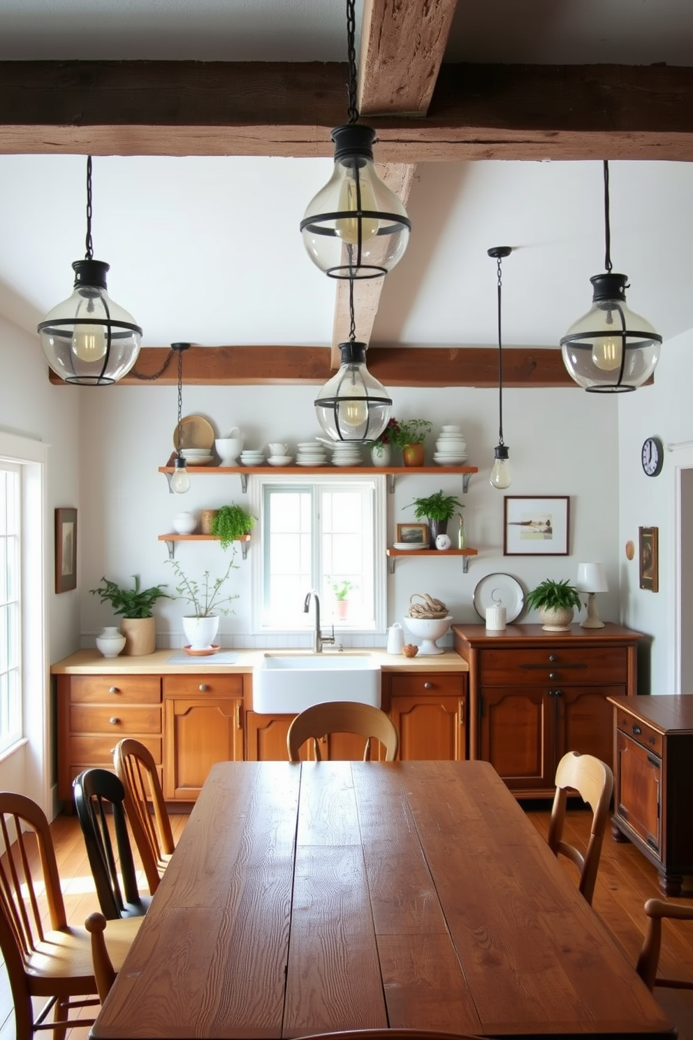 A cozy farmhouse kitchen filled with vintage light fixtures that add character to the space. The room features a large wooden dining table with mismatched chairs and a rustic sideboard against the wall. Exposed beams stretch across the ceiling, enhancing the farmhouse charm. A large farmhouse sink sits beneath a window, framed by open shelves displaying vintage dishware and plants.