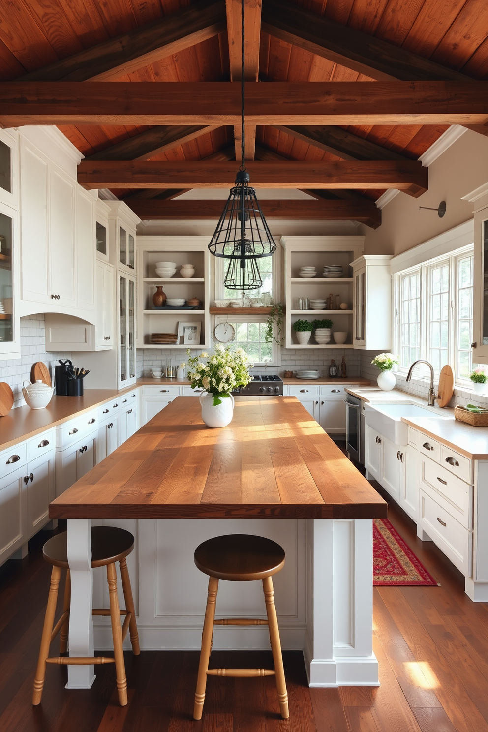 A spacious farmhouse kitchen featuring a large central island perfect for family gatherings. The island is topped with a rustic wooden surface and surrounded by comfortable bar stools, creating a warm and inviting atmosphere. The kitchen is adorned with white cabinetry and vintage-style hardware, complemented by a farmhouse sink and open shelving displaying charming dishware. Natural light floods the space through large windows, highlighting the warm tones of the wooden beams and the cozy, homey feel of the design.