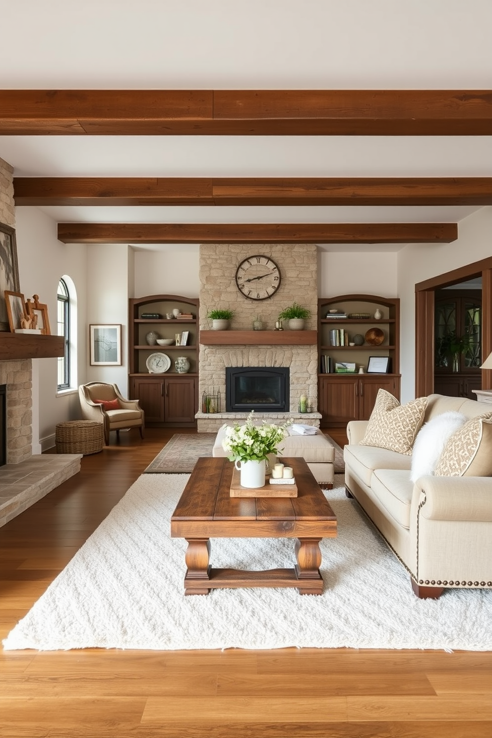 Cozy neutral tones create a warm and inviting atmosphere in the farmhouse living room. A plush beige sofa is adorned with textured throw pillows, while a reclaimed wood coffee table sits at the center, surrounded by soft, woven rugs. Rustic accents enhance the charm of the space, featuring exposed wooden beams and a stone fireplace as focal points. Vintage decor items, such as an antique clock and framed family photos, add a personal touch to the inviting ambiance.