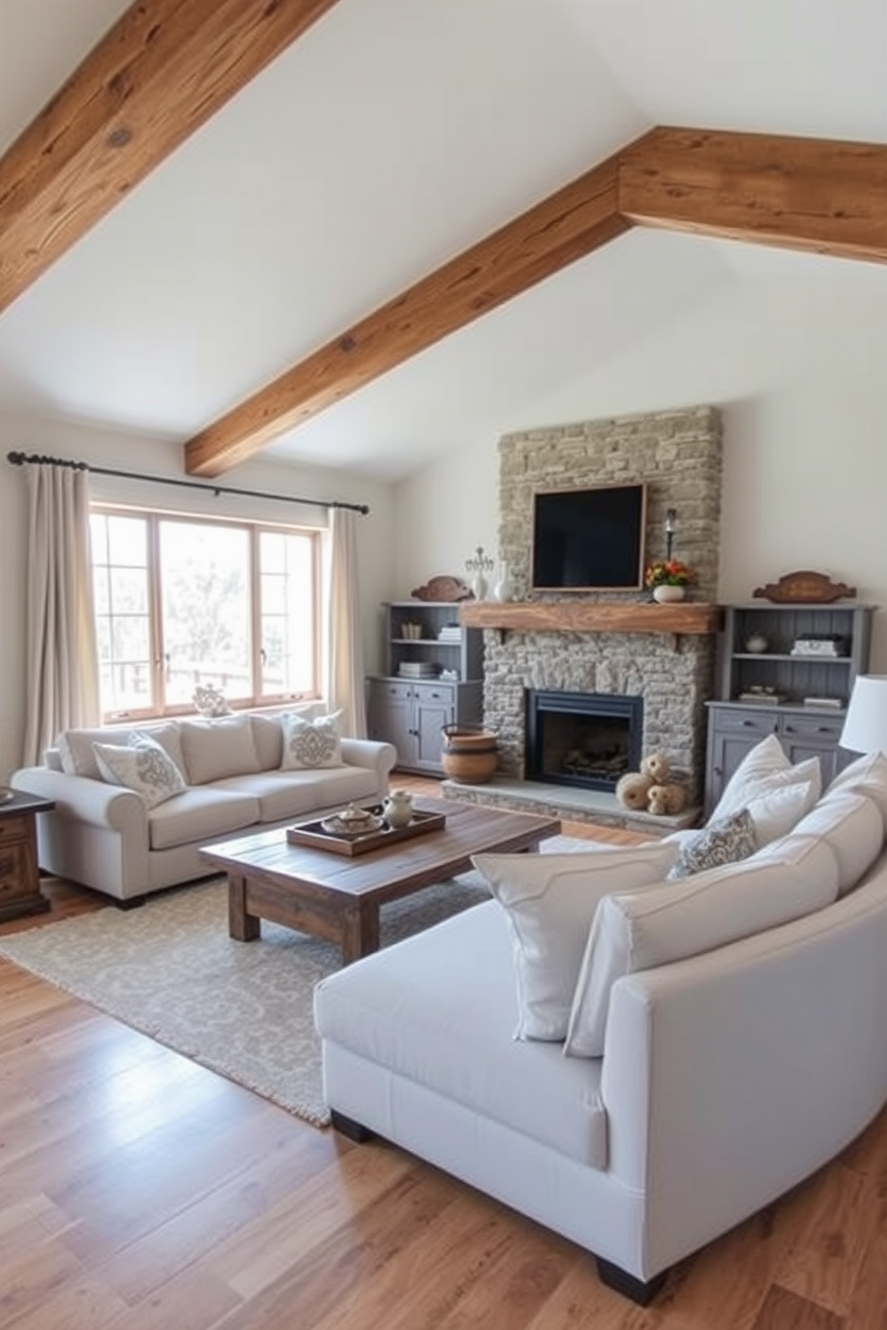 Light curtains drape elegantly from the ceiling to create an airy feel in the farmhouse living room. The space features a rustic wooden coffee table surrounded by plush, neutral-toned sofas and a cozy armchair. A large stone fireplace serves as the focal point, adorned with a simple mantel displaying charming decor. The walls are painted in a soft white, complemented by exposed wooden beams that add warmth and character.