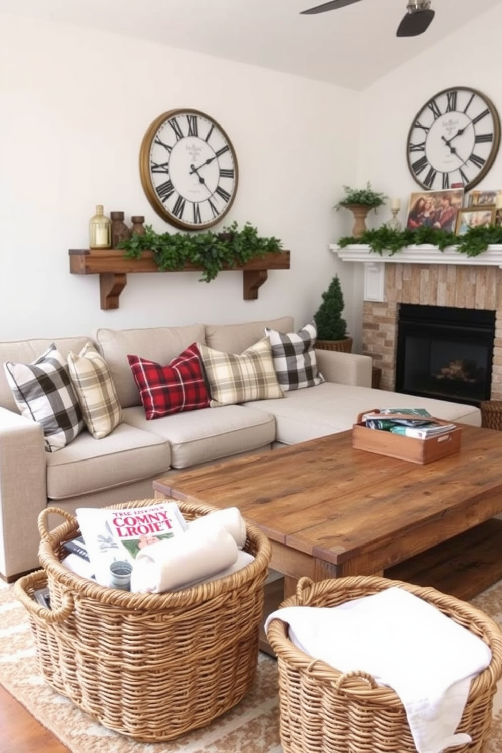 Create a cozy farmhouse living room featuring woven baskets as stylish storage solutions. The room includes a large, comfortable sectional sofa adorned with plaid throw pillows, and a rustic coffee table made from reclaimed wood. In one corner, place a set of woven baskets in varying sizes filled with cozy blankets and magazines. The walls are painted in a soft white, and a large farmhouse-style clock hangs above a mantel decorated with greenery and family photos.