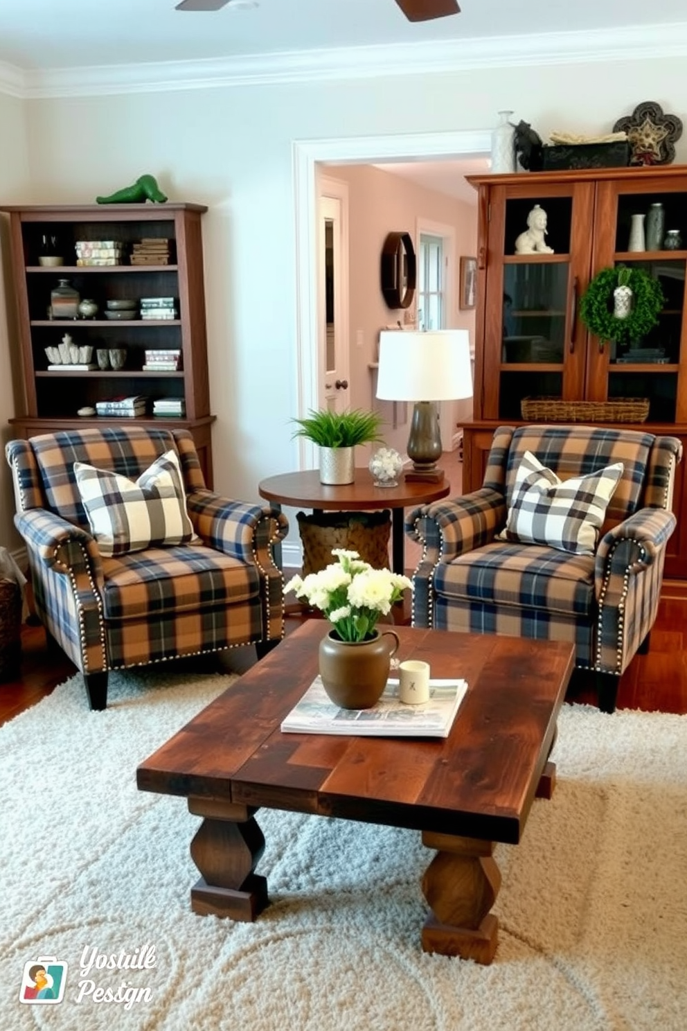 A cozy farmhouse living room features two accent chairs upholstered in a warm plaid fabric, adding a touch of rustic charm. The chairs are positioned around a reclaimed wood coffee table, complemented by a soft area rug that enhances the inviting atmosphere.