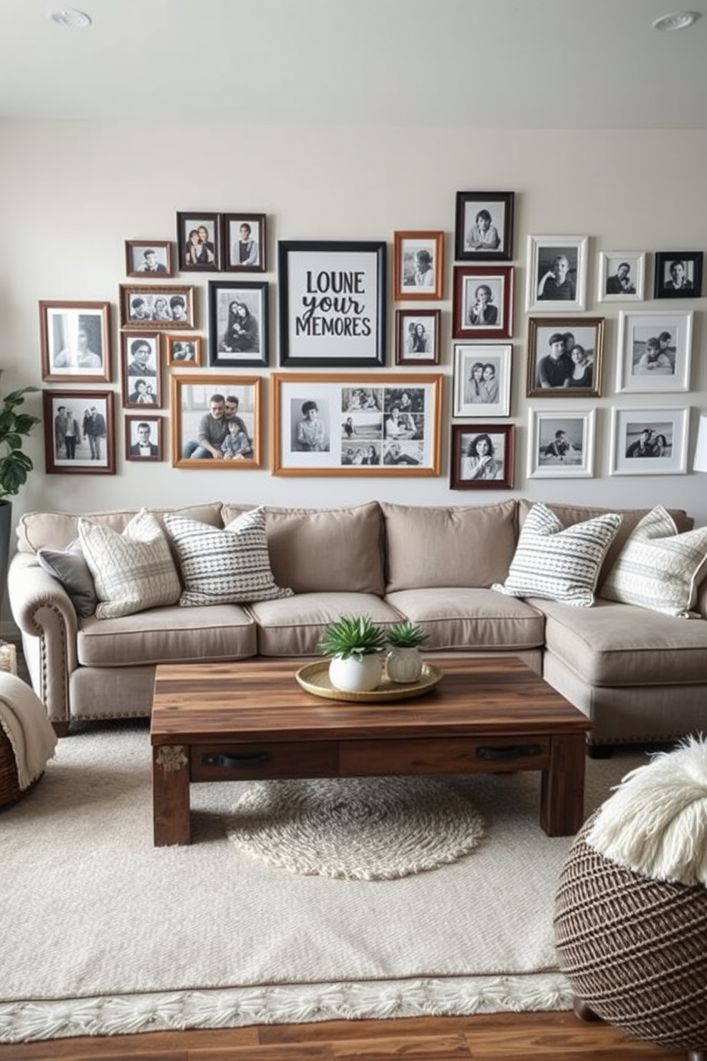 A gallery wall filled with family photos showcasing cherished memories. The frames vary in size and color, creating an eclectic yet harmonious display. A cozy farmhouse living room featuring a large sectional sofa adorned with textured throw pillows. A reclaimed wood coffee table sits in the center, surrounded by rustic decor elements and a soft area rug.