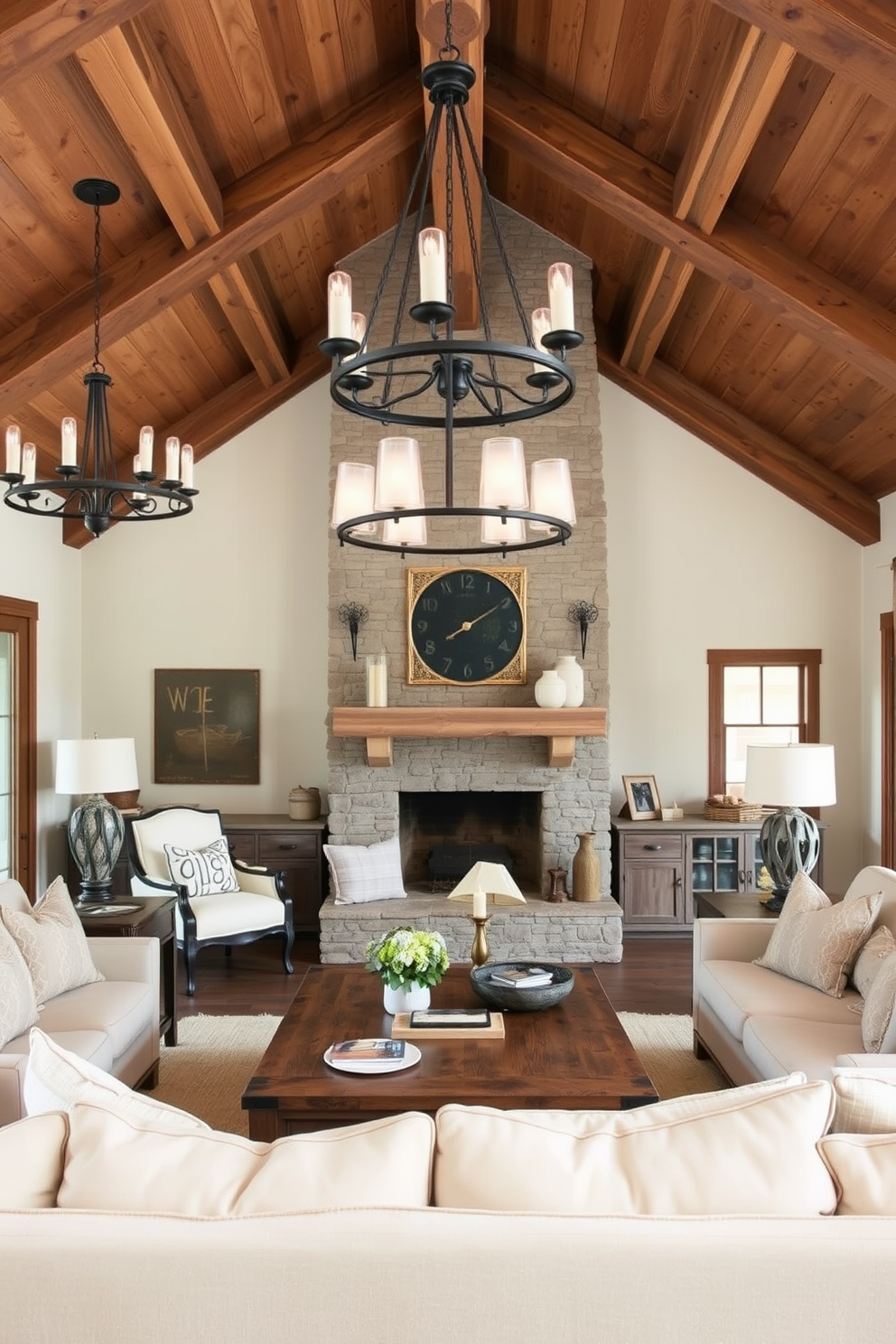 A cozy farmhouse living room features rustic lighting fixtures that create a warm and inviting atmosphere. The room is adorned with a large wooden beam ceiling and a stone fireplace that serves as the focal point. The lighting fixtures include wrought iron chandeliers and pendant lights that hang above a reclaimed wood coffee table. Soft, neutral-toned furnishings complement the space, while vintage decor pieces add charm and character.