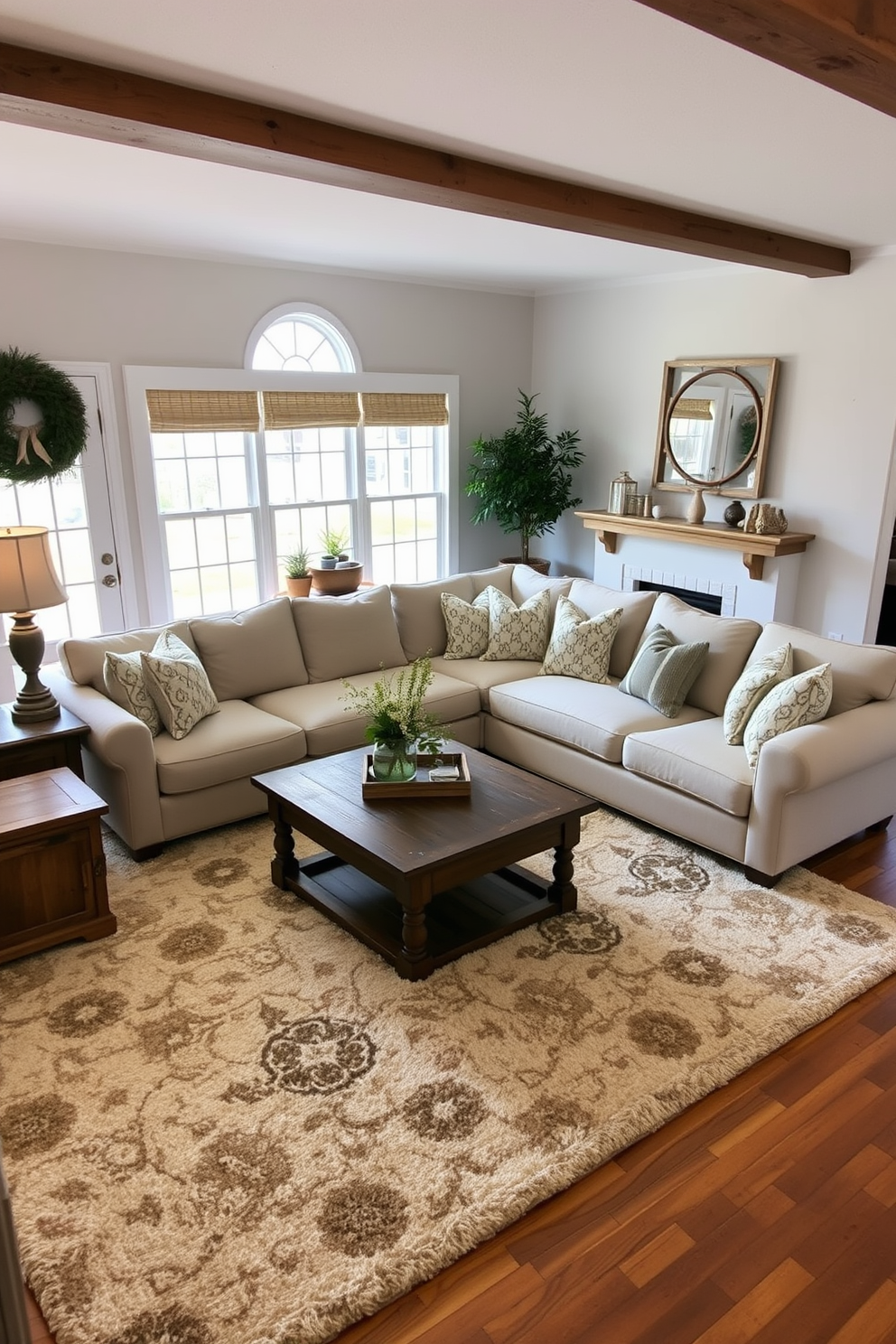 A cozy farmhouse living room featuring a large, comfortable sectional sofa adorned with plaid throw pillows. The walls are decorated with rustic farm-inspired artwork and prints, showcasing scenes of pastoral life and vintage farm equipment. A reclaimed wood coffee table sits at the center, surrounded by woven baskets for storage. Soft, natural light filters through sheer curtains, highlighting the warm tones of the wooden beams and the inviting atmosphere of the space.